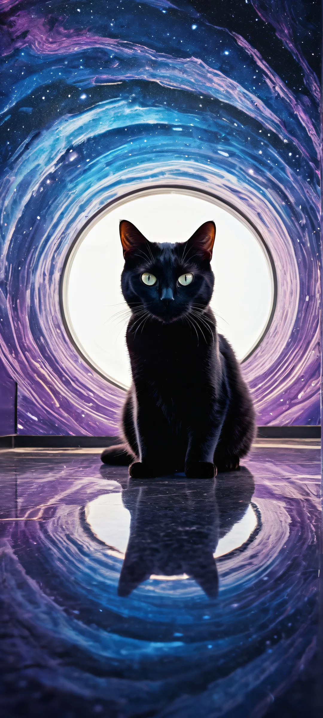 A breathtaking vertical portrait artwork of a swirling black hole with cat ears, intricate kitchen debris and pet bowl details. Perfectly optimized for iPhone and Android home screens.