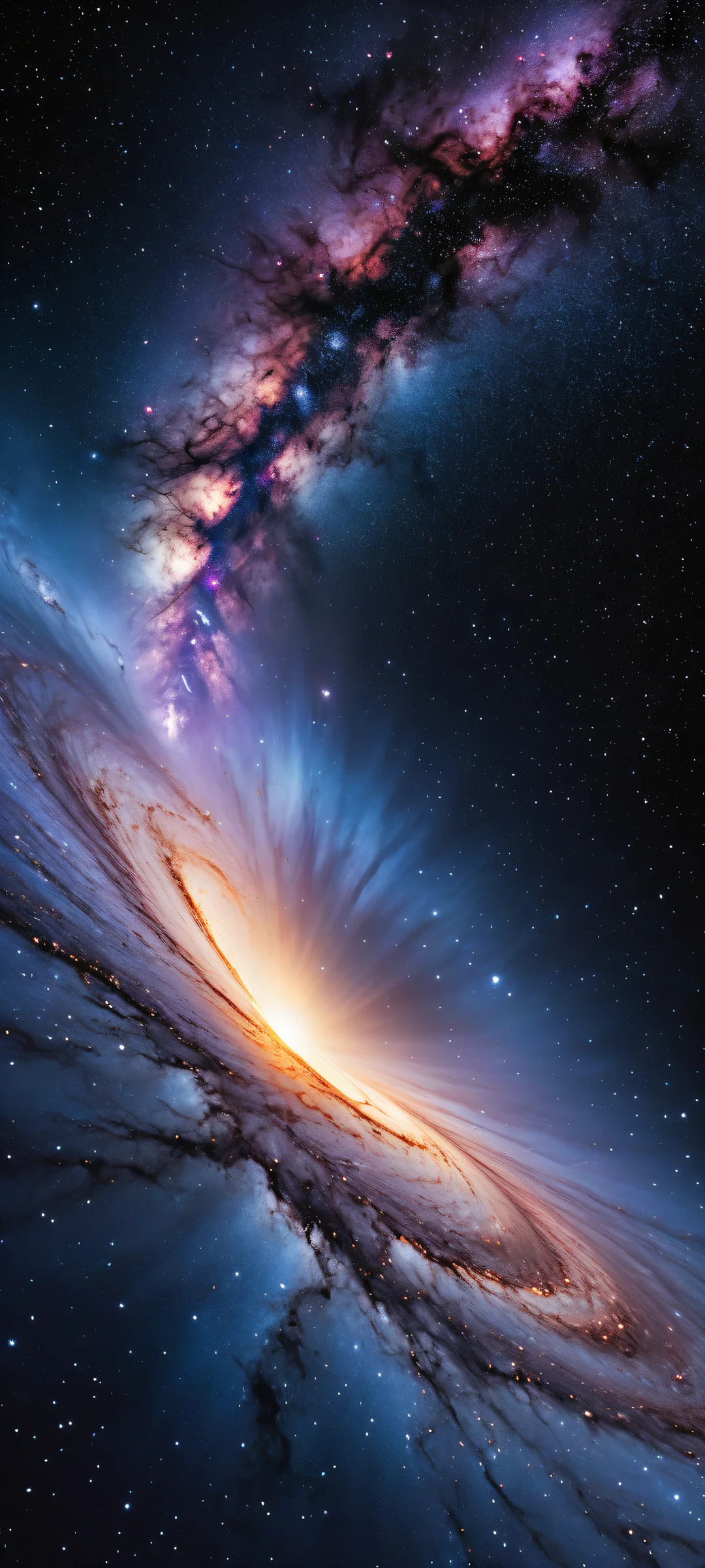 A stunning vertical portrait of a supermassive black hole surrounded by intricate micro-details of swirling galaxies and stars, perfectly optimized for iPhone/Android home screens.