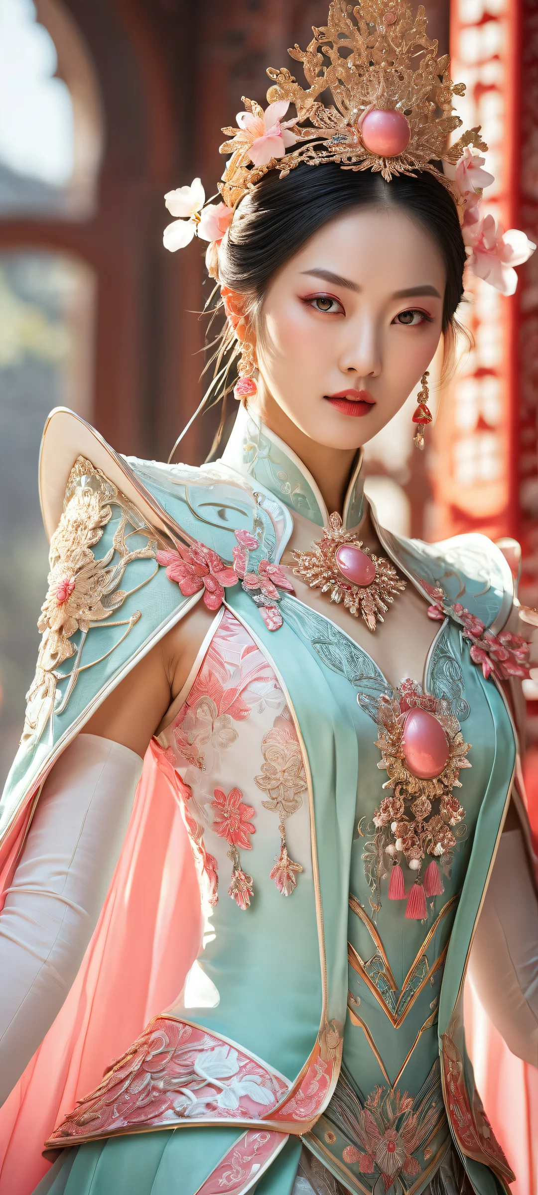 Hu Tao portrait for iPhone and Android wallpapers with stunning Asian-inspired indoor setting and intricate details.