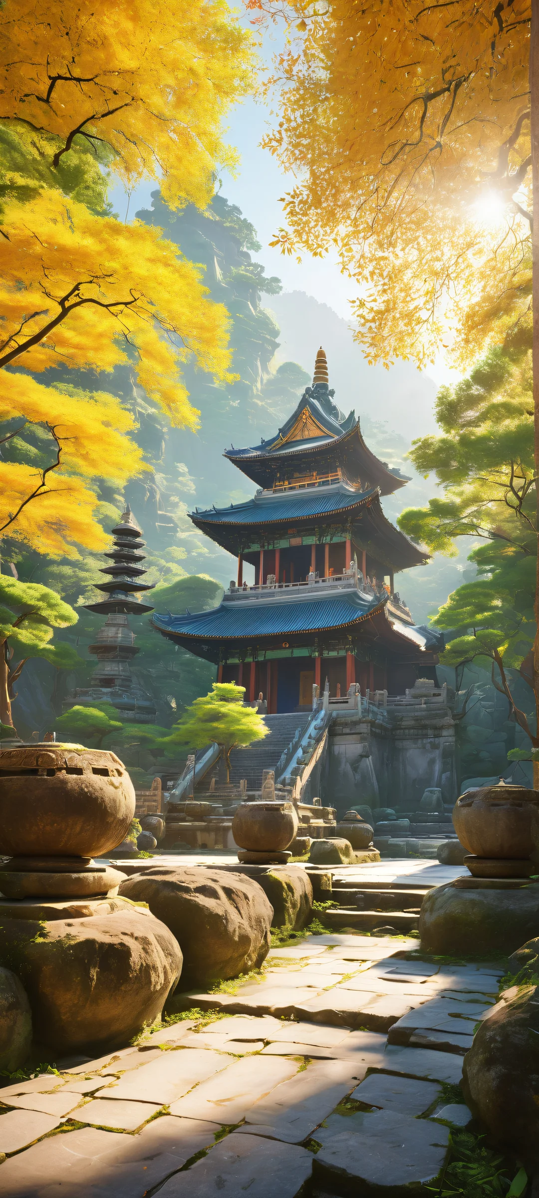 A majestic temple nestled among towering trees on a serene landscape, iPhone と Android のホーム画面に完全に最適化.