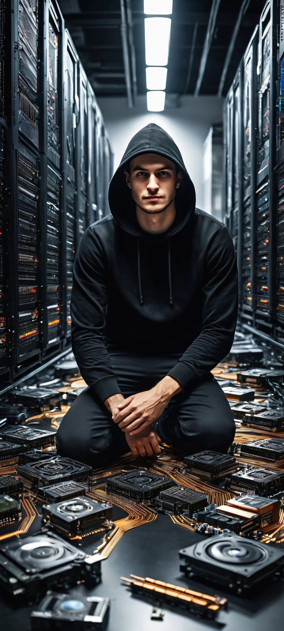 A man in a black hoodie accidentally spills computer components on the floor. Perfect for iPhone or Android home screens.