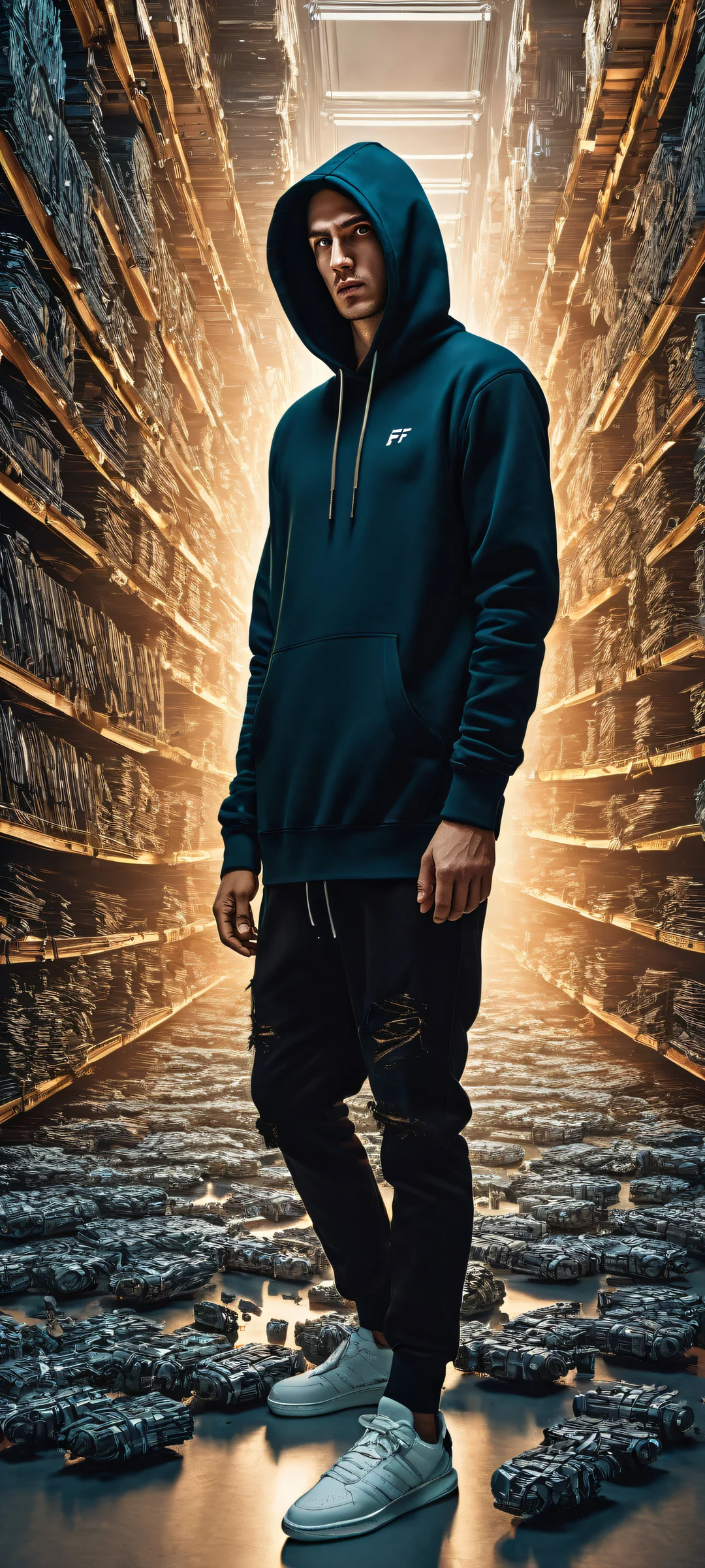 A shocked man in a black hoodie amidst a chaotic tech spill on iPhone/Android