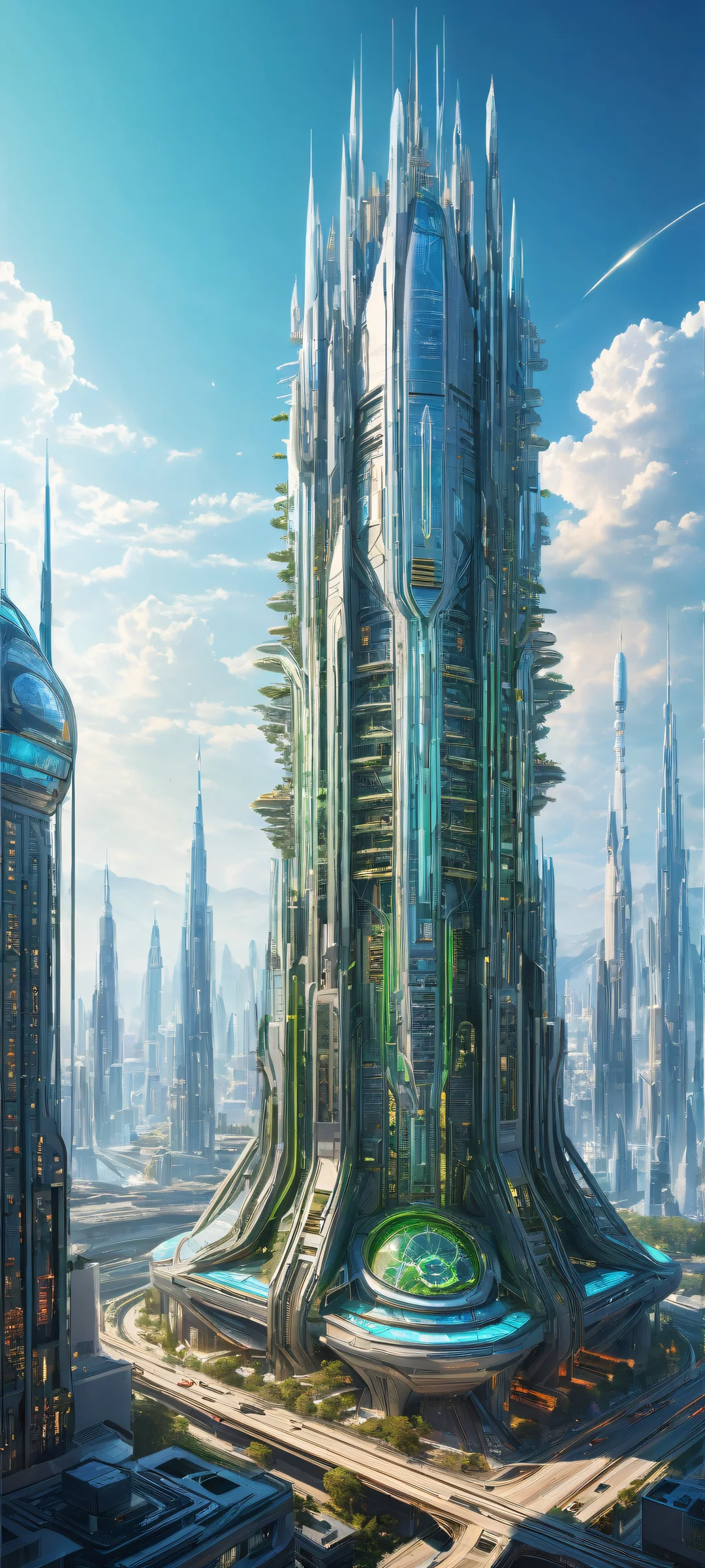 Breathtaking vertical portrait artwork of high-tech machinery against a futuristic cityscape, perfekt optimiert für iPhone- und Android-Startbildschirme.