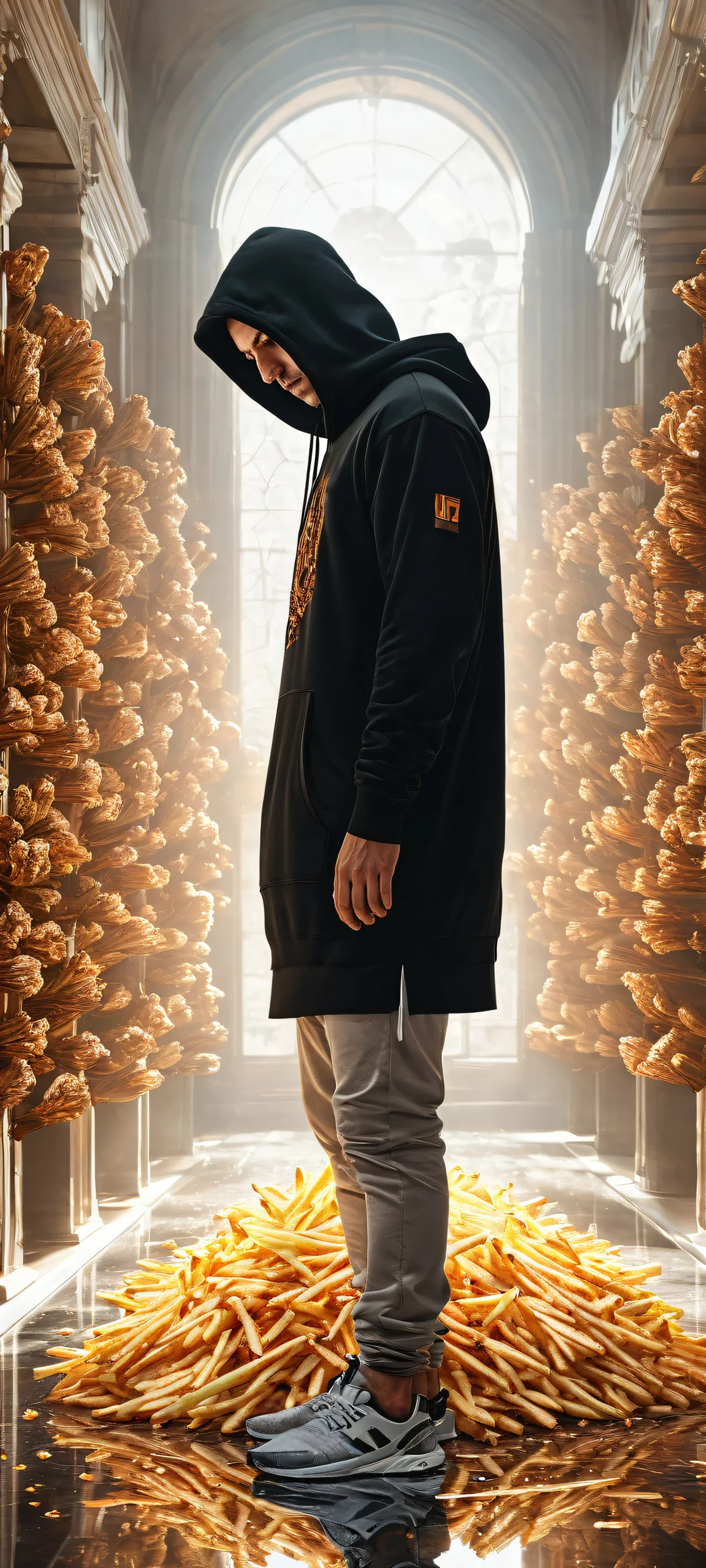 iPhone/Android user's worst nightmare - a man in a black hoodie accidentally spills RAM sticks and GPUs all over the floor, with fries scattered around him. Perfectly clean top half for UI.