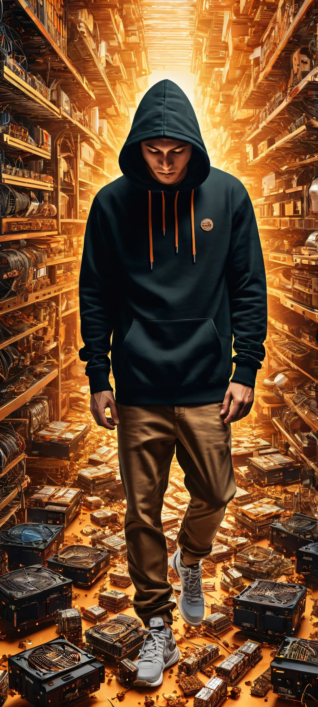 A humorous scene of a man wearing a black hoodie spilling computer components and snacks all over the floor. Perfectly optimized for iPhone, Samsung Galaxy, and Android home screens.