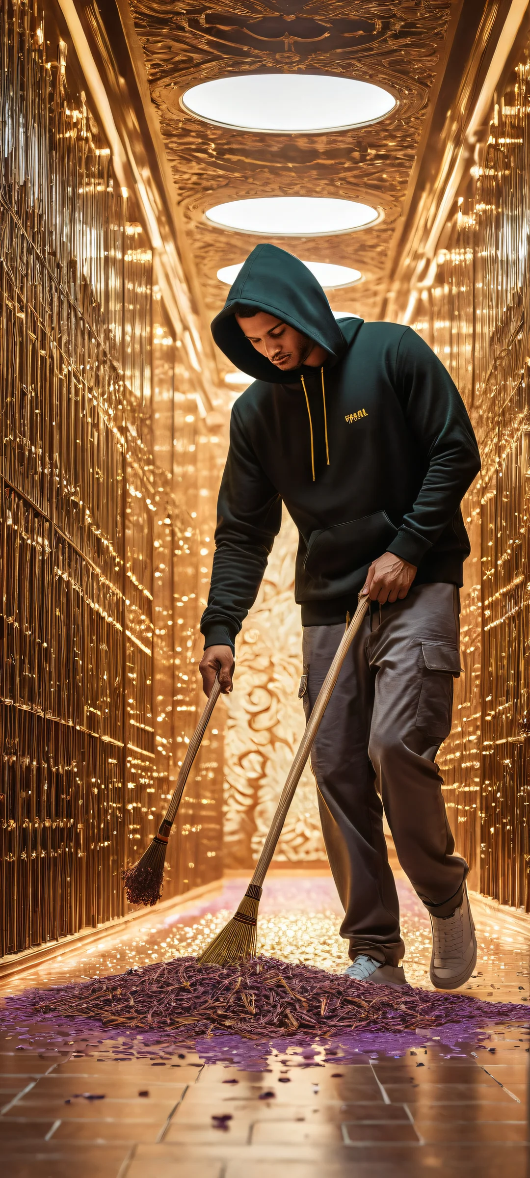 A man in a black hoodie tripping and spilling RAM sticks and GPUs all over the floor on an iPhone/Android screen