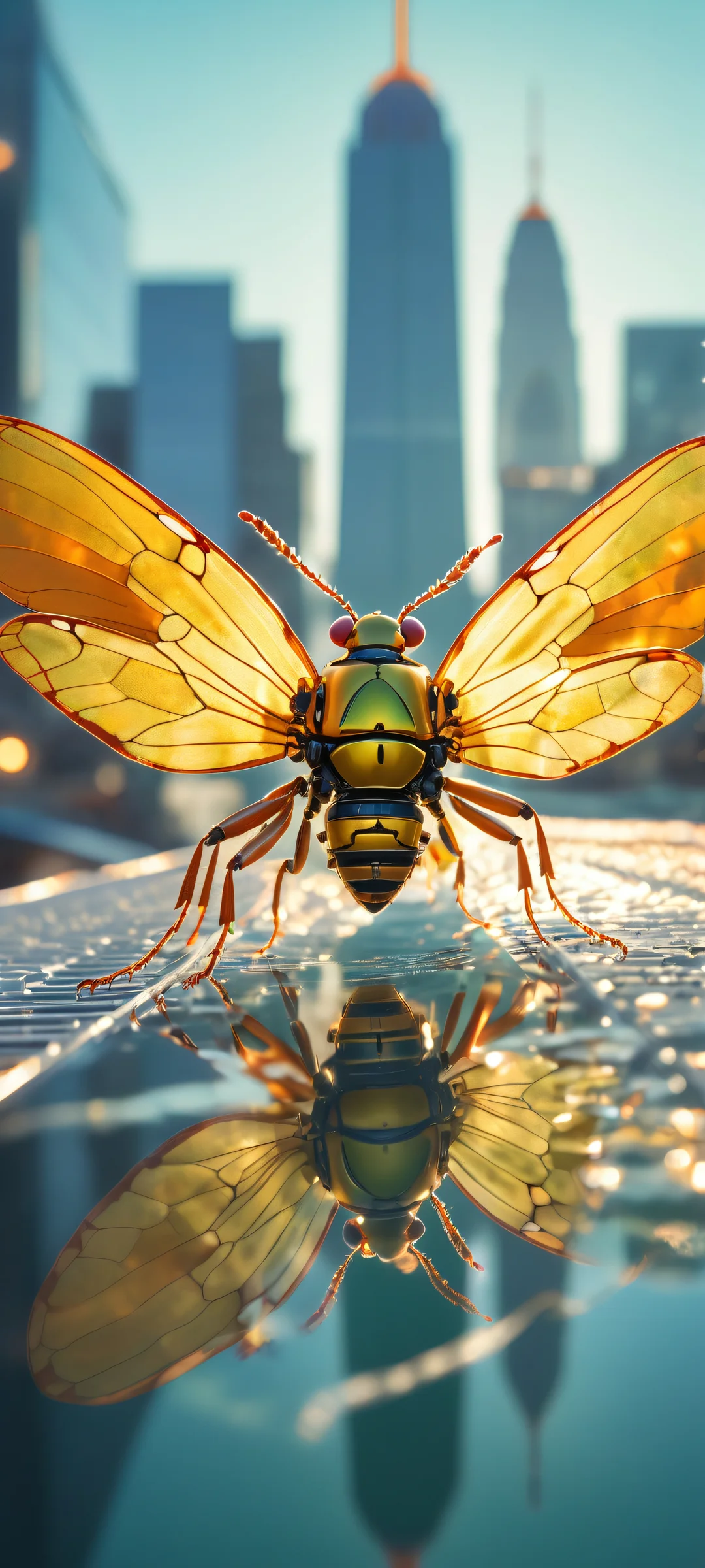 iPhone and Android users will love this breathtaking digital art featuring intricate robotic insects against a vibrant cityscape. A masterpiece of precision engineering and surrealism, with ethereal lighting and brilliant colors.