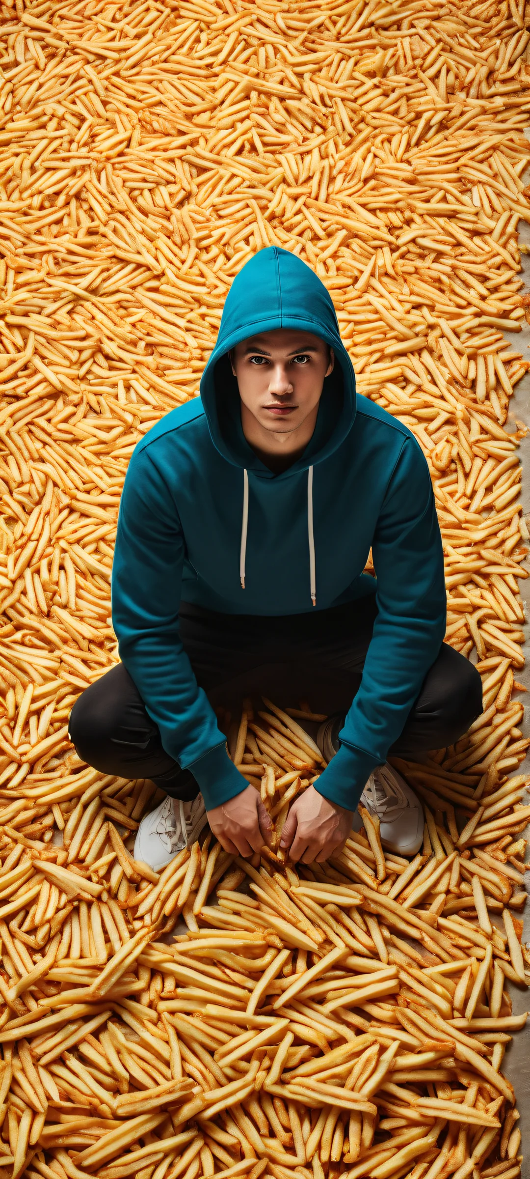 A humorous digital artwork of a man spilling ram sticks and GPUs on the floor, featuring iPhone/Android users. Perfectly optimized for home screens.