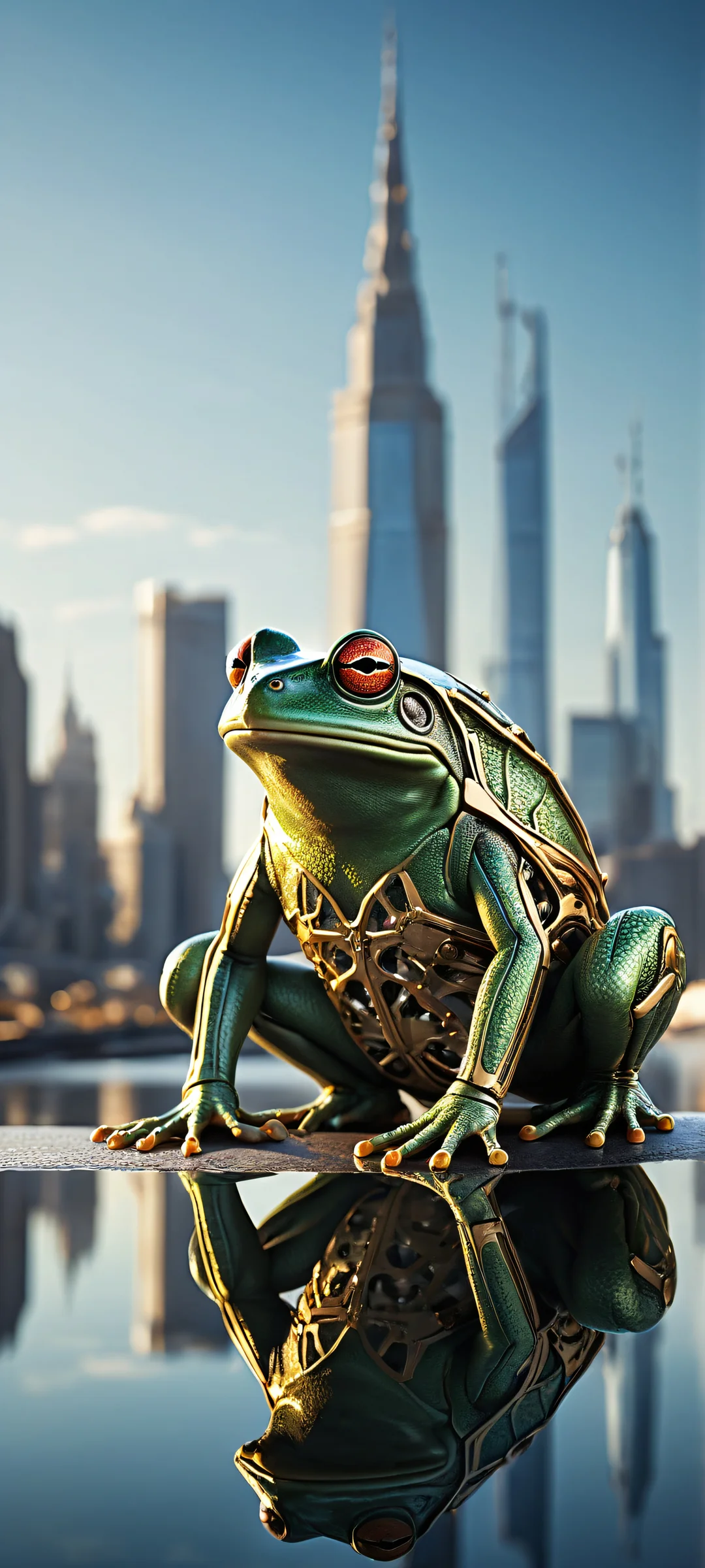 A mechanical frog perched on a city rooftop amidst a serene urban setting with reflections on the water's edge, perfect for your iPhone/Android home screen.