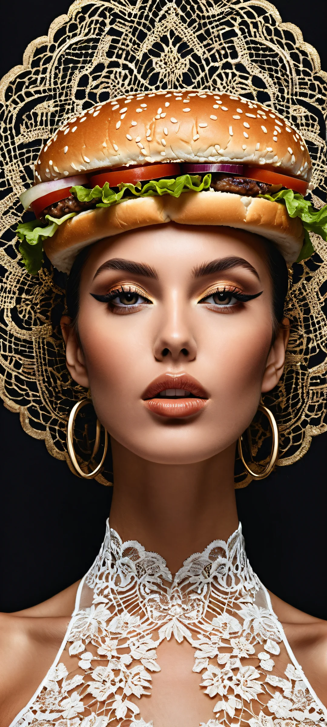 A stunning hamburger woman on a mobile wallpaper for iPhone and Android, with intricate details and a clean design.