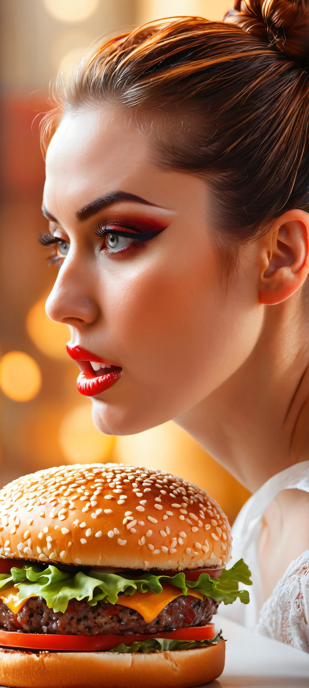 A tantalizing hamburger woman on a clean white background, perfectly optimized for iPhone and Android home screens.