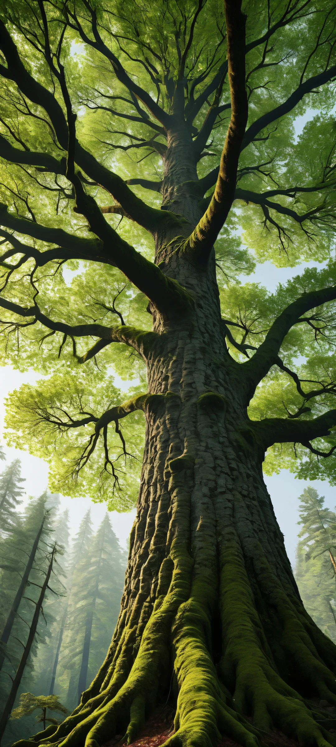 A serene forest landscape with ancient trees and mossy details on iPhone/Android home screens.