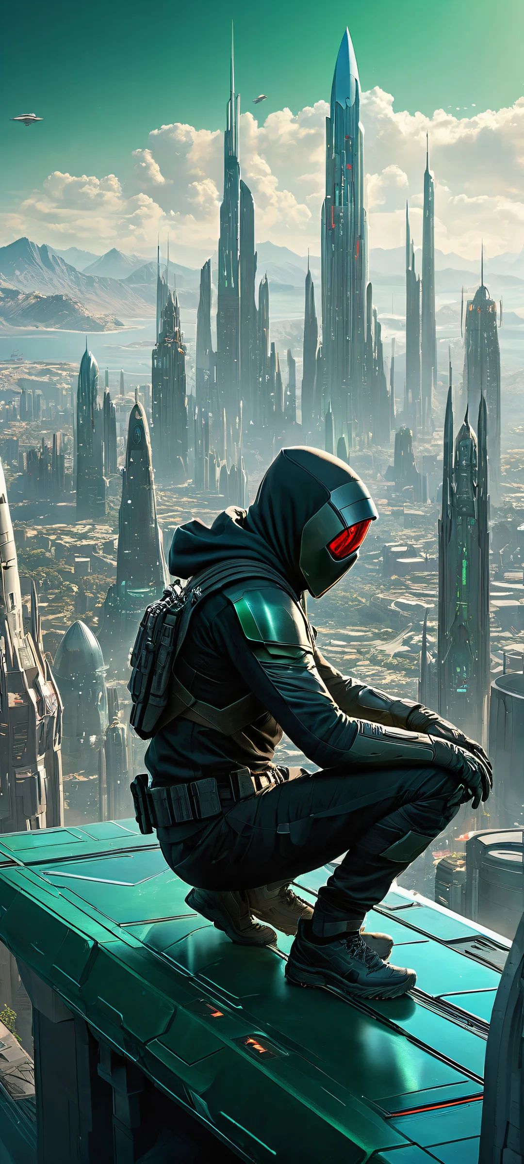 iPhone and Android wallpapers featuring a thief with futuristic weapons and cityscape. Pure void top half, stunning visuals.