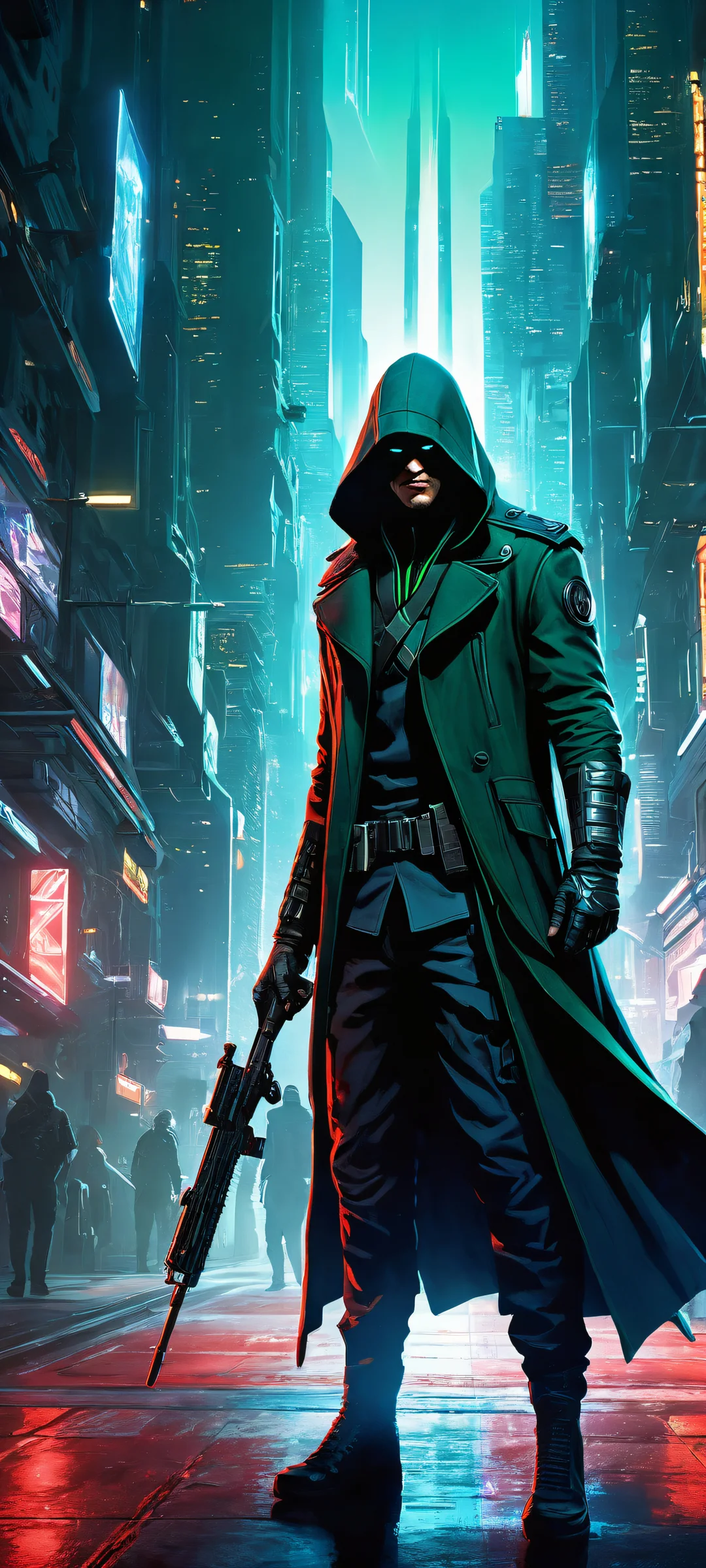 iPhone/Android thief wallpaper with futuristic weapons and characters in a vast void, perfect for home screens.