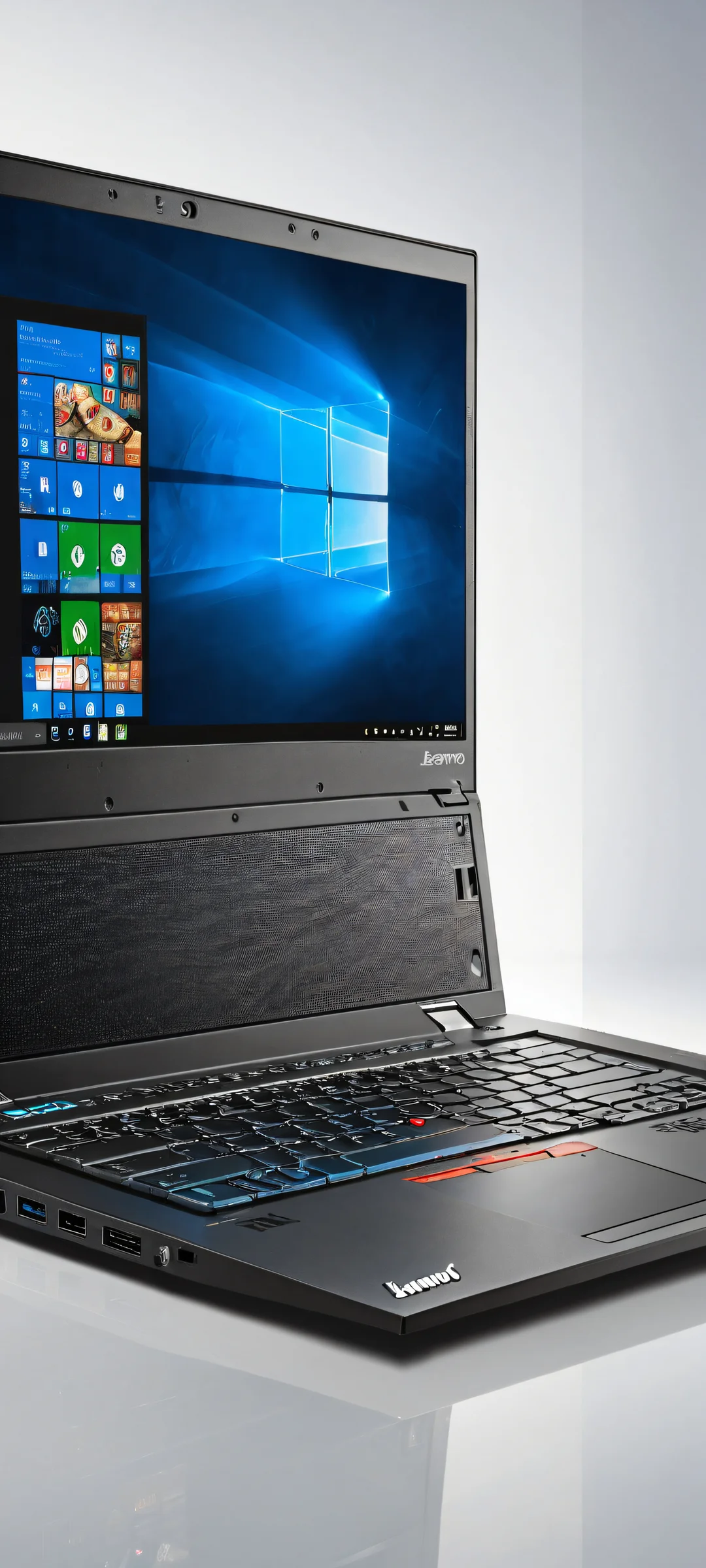 A stunning vertical portrait of a Lenovo ThinkPad placed in the lower-middle, against an infinite void, parfaitement optimisé pour les écrans d'accueil iPhone et Android.