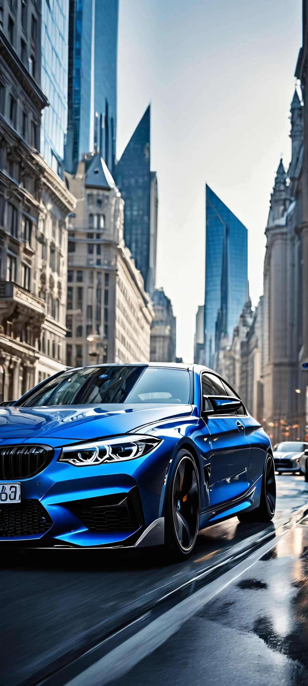 BMW racing art on iPhone/Android - a stunning vertical portrait with intricate micro-details and futuristic cityscape background, perfect for dark mode home screens.