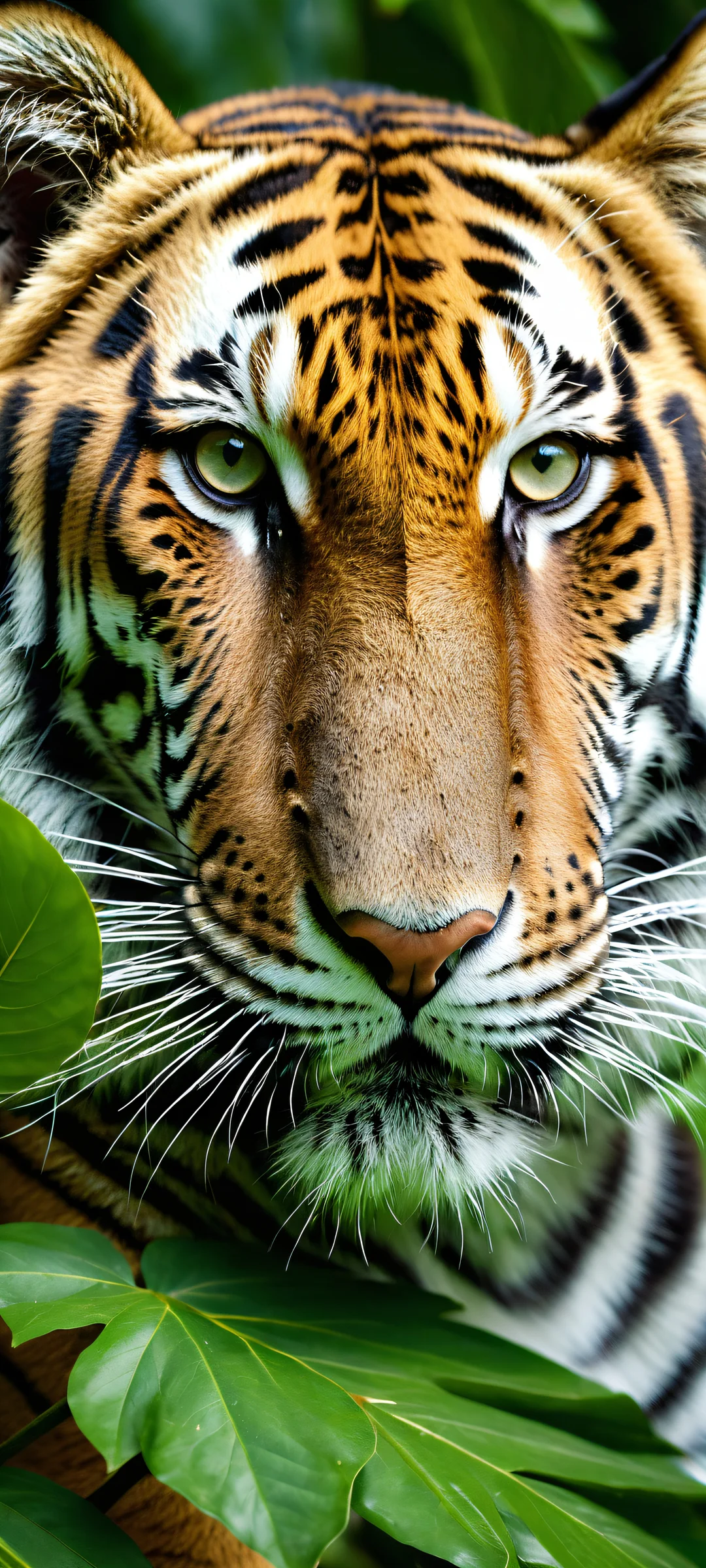 iPhone and Android wallpaper featuring a majestic tiger's eye surrounded by lush tropical leaves, with a vast pure void in the background.