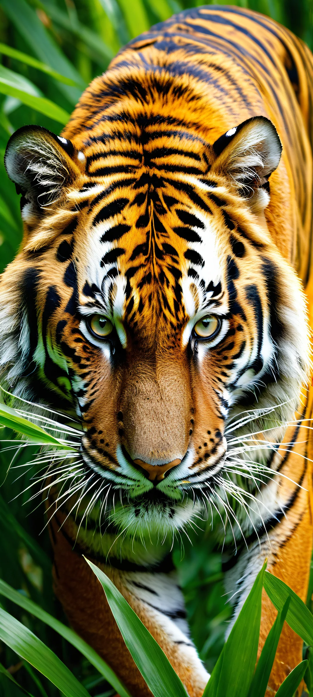A majestic Bengal tiger stalking its prey in a lush jungle scene. Perfectly optimized for iPhone and Android home screens.
