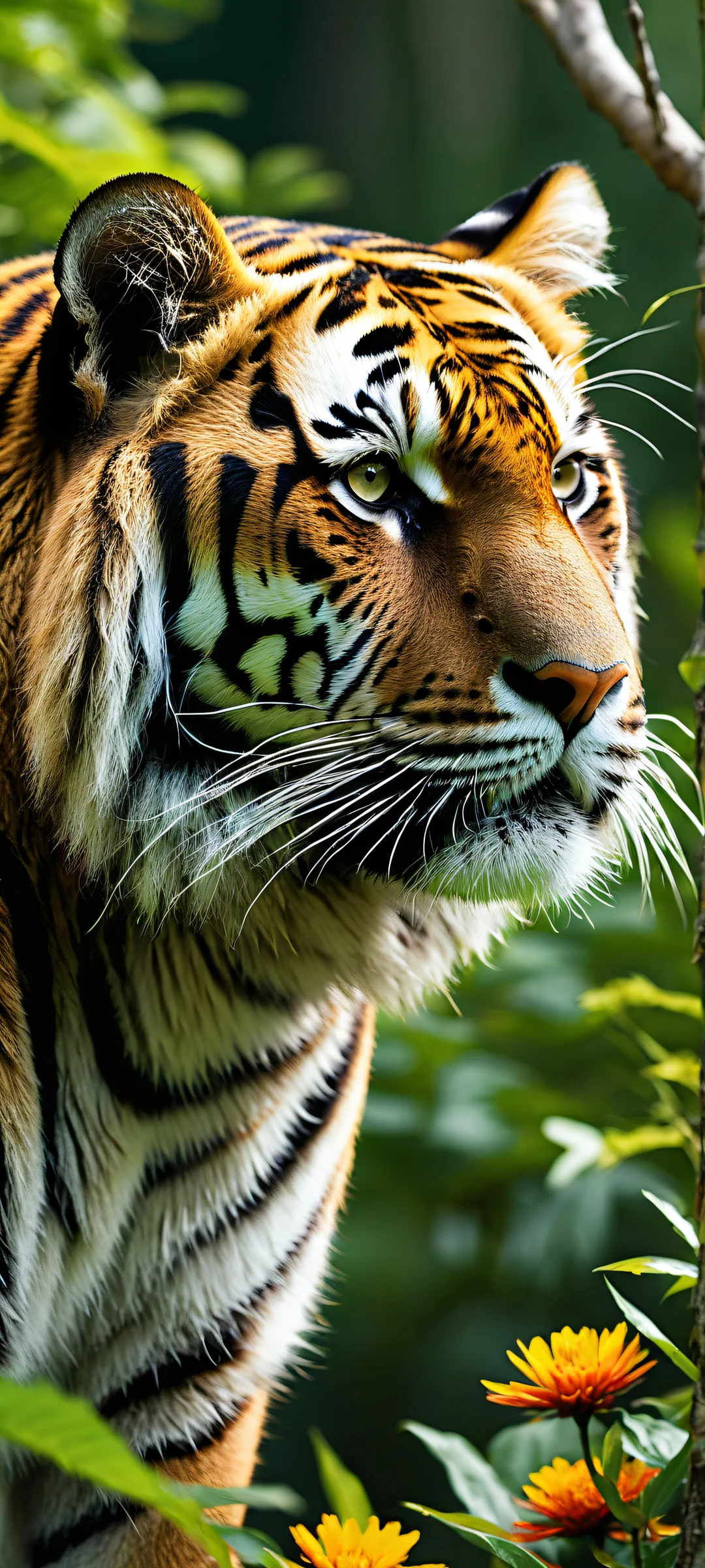 Kim Jaehyun portrait in tiger's fur texture with vast outdoors scenery and flowers in bloom. Perfectly optimized for iPhone, Samsung Galaxy, and Android home screens.