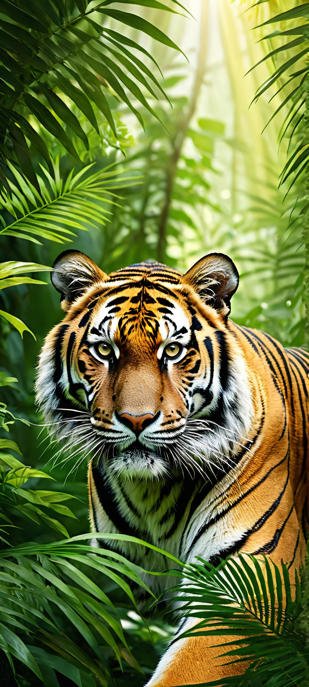 A majestic tiger peers from lush green tropical leaves on an iPhone/Android screen.