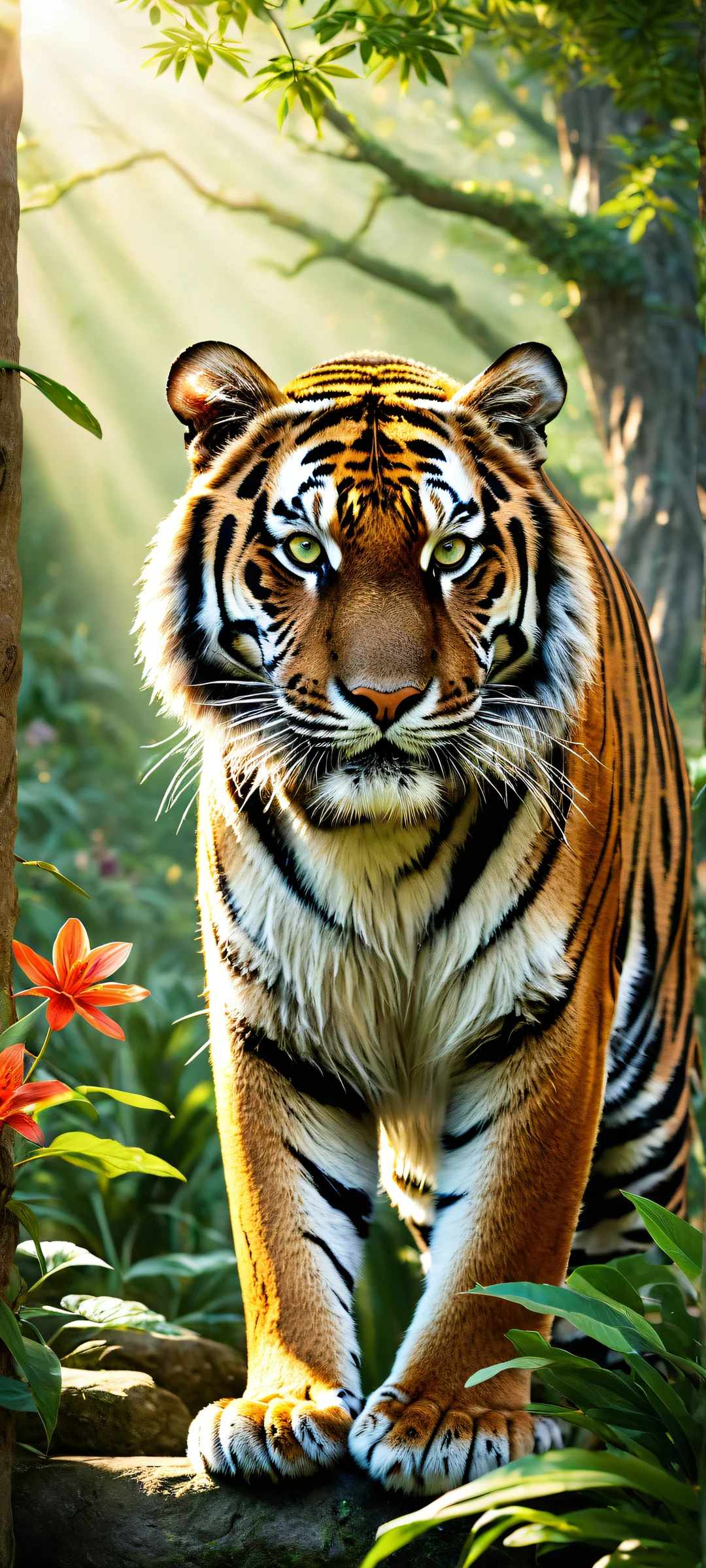 A majestic tiger stands proudly in the midst of a serene wilderness scene, perfectly optimized for iPhone and Android home screens. The combination of vibrant flowers, lush greenery, and ethereal sunlight creates a breathtaking visual experience.