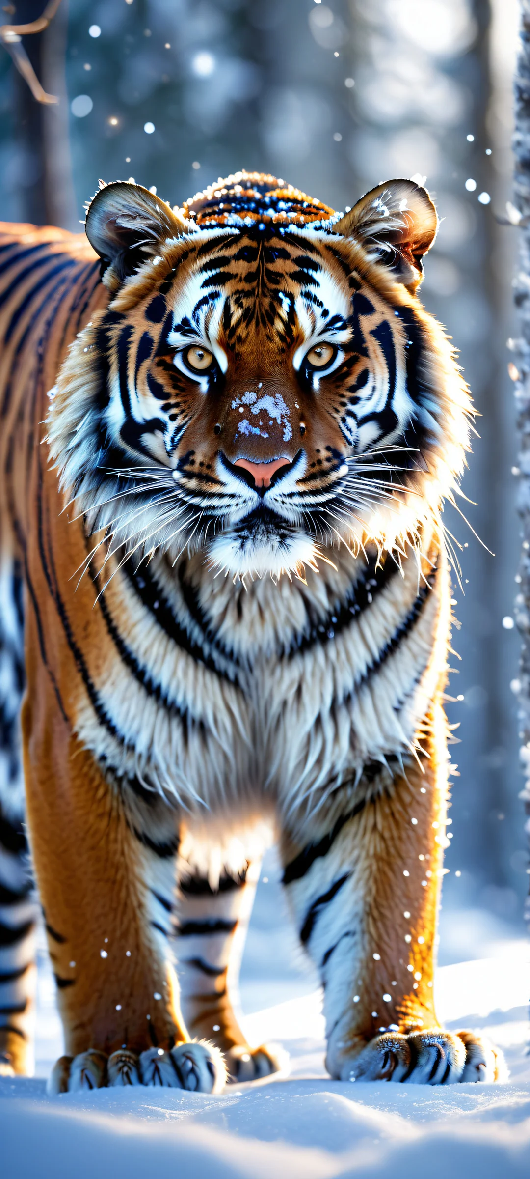 A majestic tiger's portrait against a serene winter wonderland scene on iPhone/Android, with intricate details and ray-traced reflections.