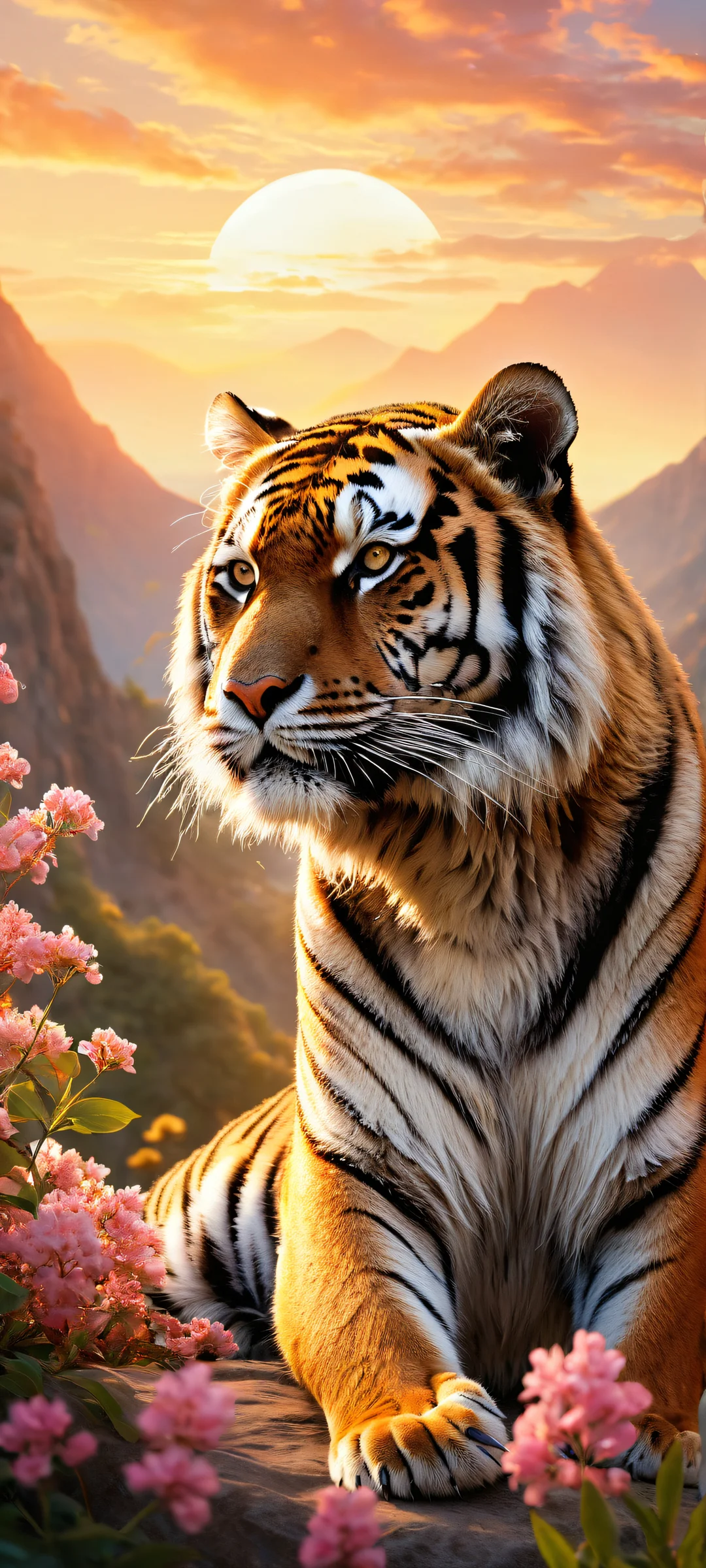 Ethereal artwork featuring a tiger in the lower-middle amidst intricate micro-details of bears and flowers, parfaitement optimisé pour les écrans d'accueil iPhone/Android.