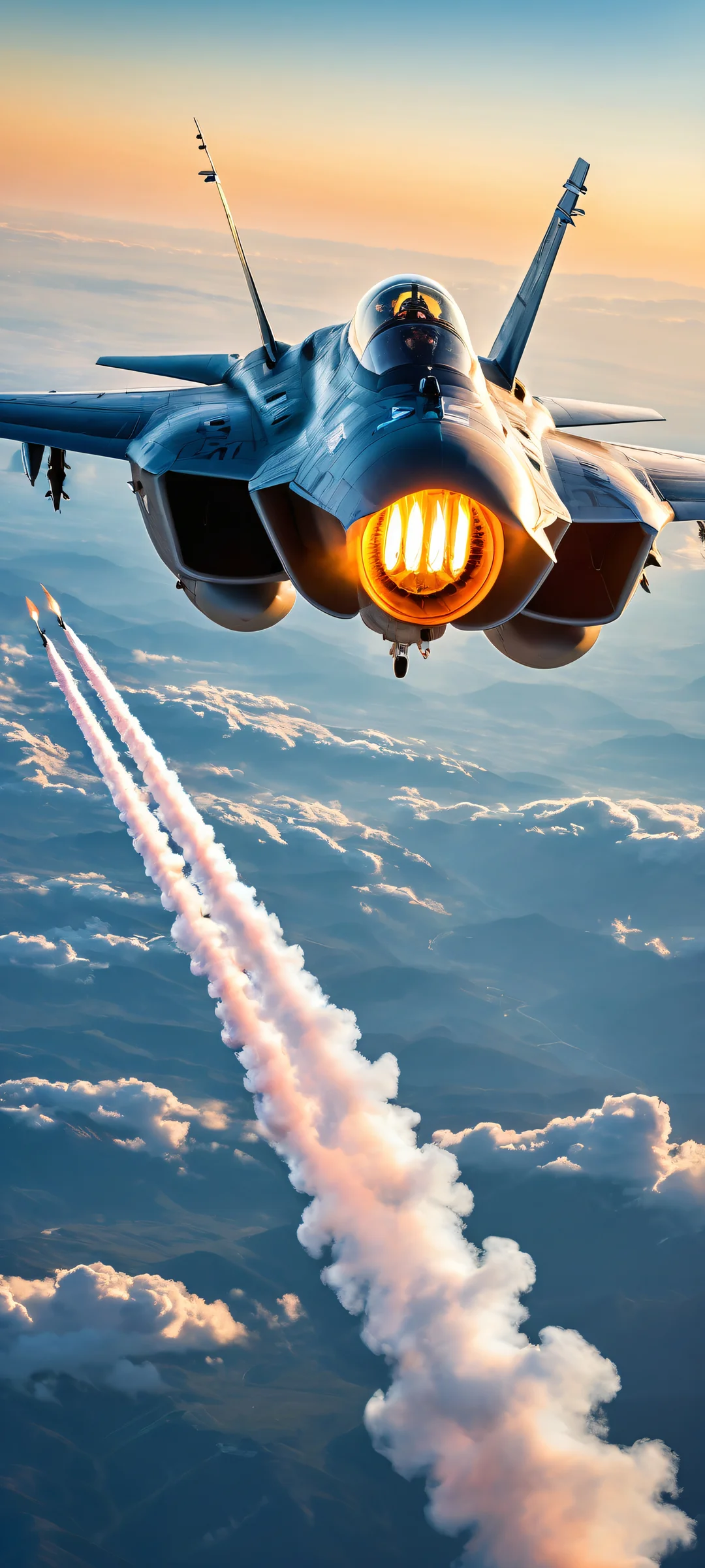 Timber Wolf's Cosmic Pursuit 2K QHD Mobile Wallpaper A stunning iPhone/Android wallpaper featuring a majestic Timber Wolf in pursuit, with breathtaking afterburner trails and cityscapes in the distance.