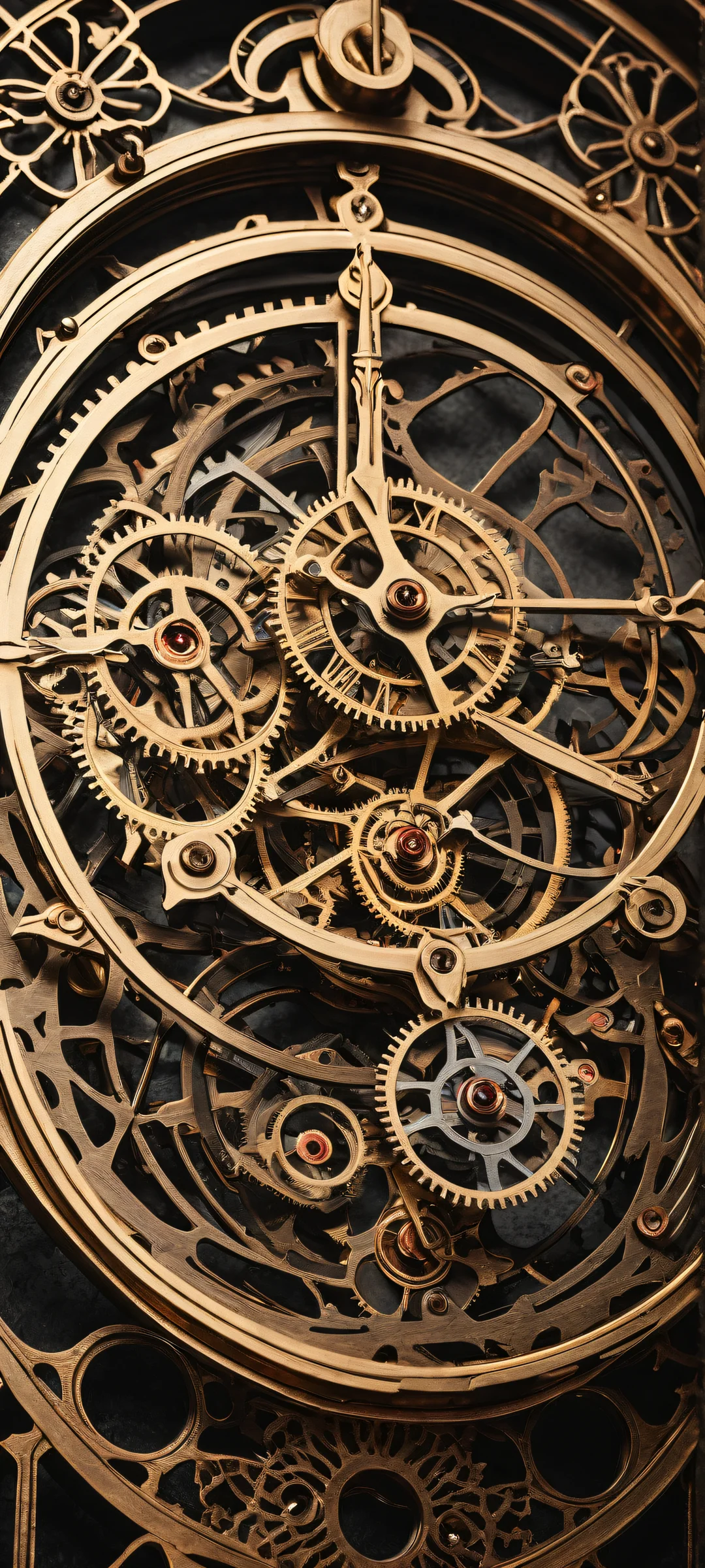 iPhone/Android wallpaper featuring a stunning vintage clock mechanism artwork with intricate micro-details and a deep dark mode aesthetic.