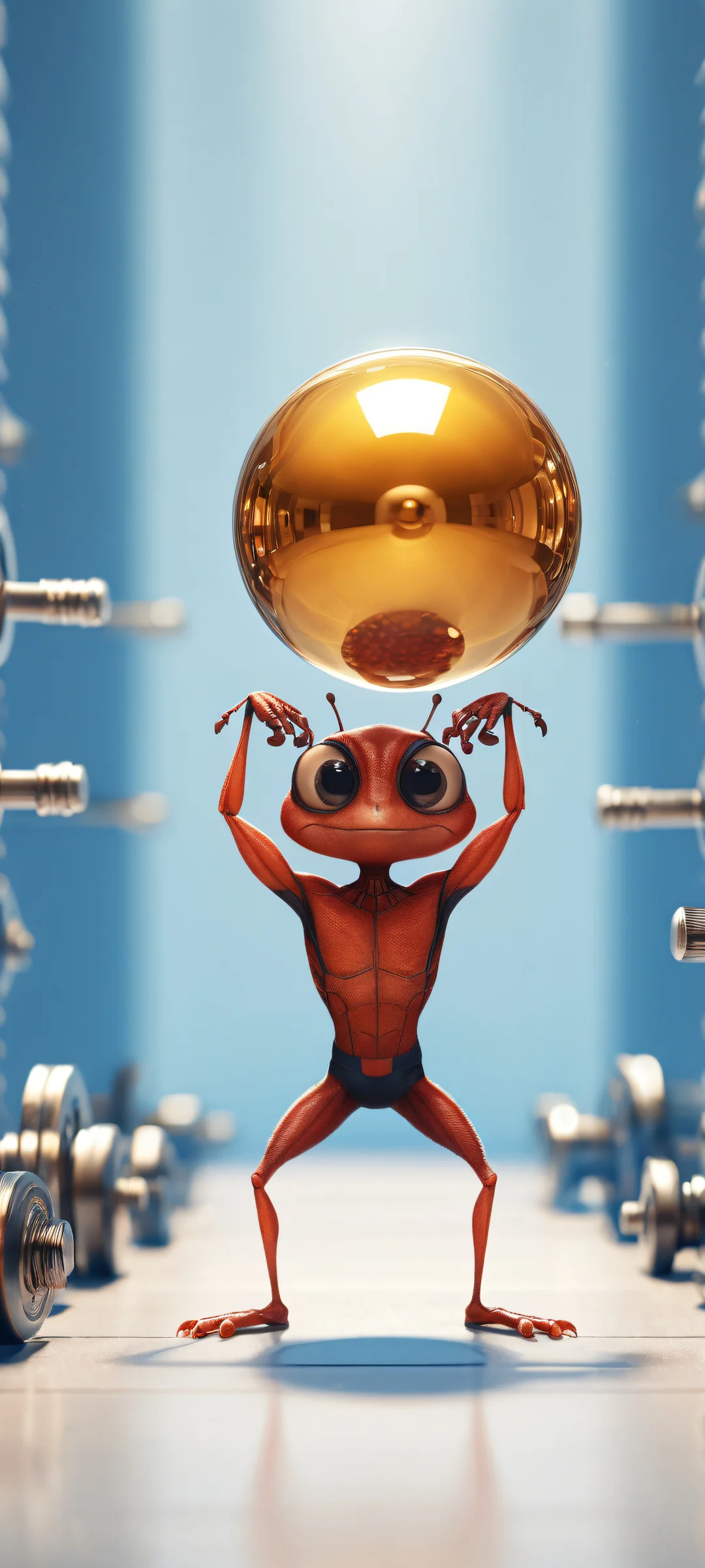 iPhone and Android user can enjoy this stunning portrait of Ant Lifting a Tiny Dumbbell, with perfect blend of humor and cuteness, against the vast pure void