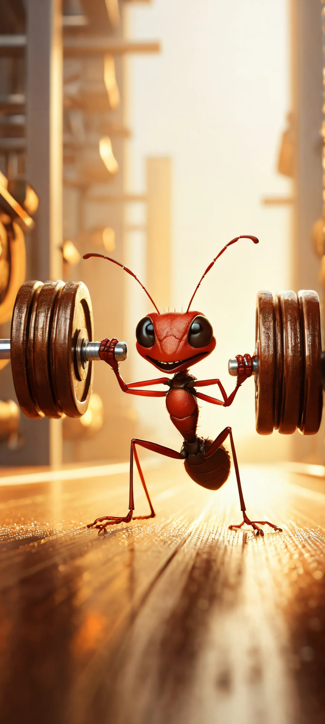 A tiny ant lifting a dumbbell in a miniature gym on iPhone/Android devices