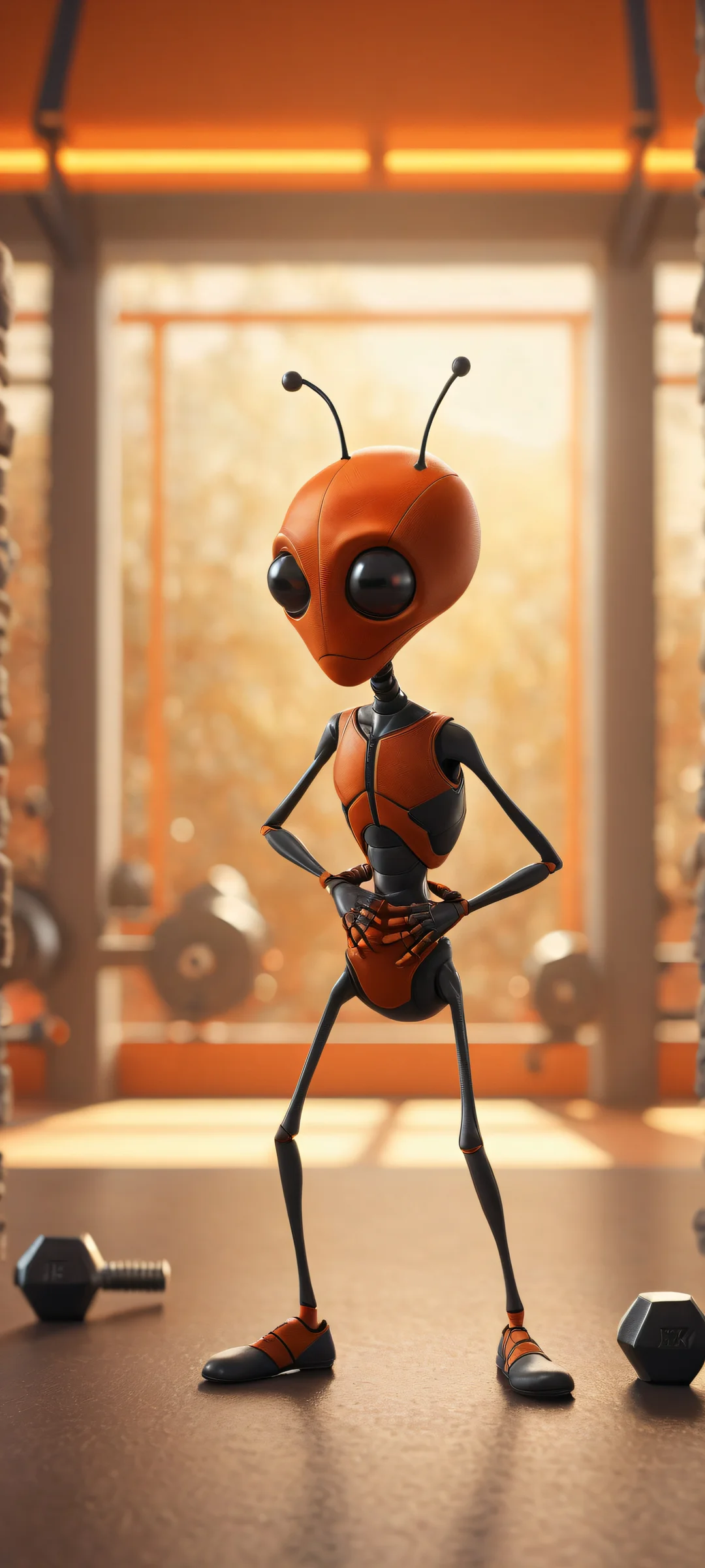 Ant lifts a tiny dumbbell amidst stunning micro-details of its miniature gym, perfect for iPhone and Android home screens