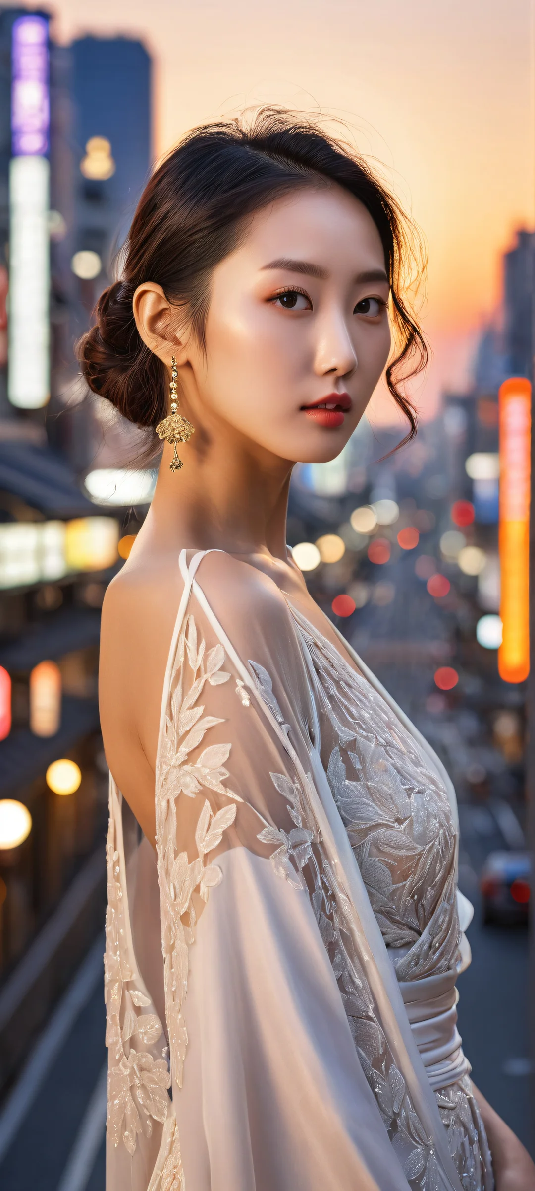 A stunning Korean model gazes over her shoulder against a breathtaking Tokyo Shibuya cityscape at dusk, Perfectamente optimizado para pantallas de inicio de iPhone y Android..