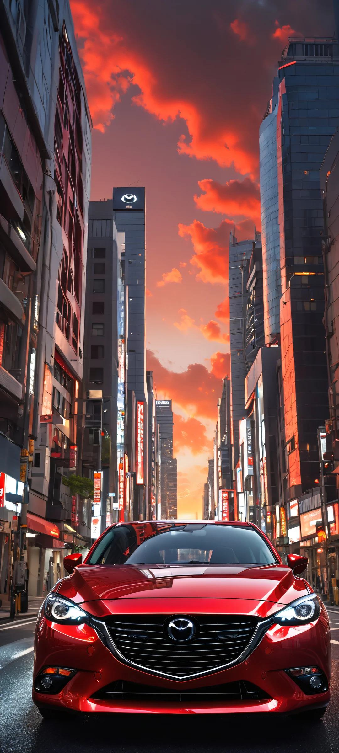 Tokyo Sunset Blaze iPhone & アンドロイドの壁紙iPhone や Android のホーム画面に最適 A breathtaking digital artwork of a red Mazda 3 in Tokyo cityscape at sunset. Perfect for iPhone and Android home screens.