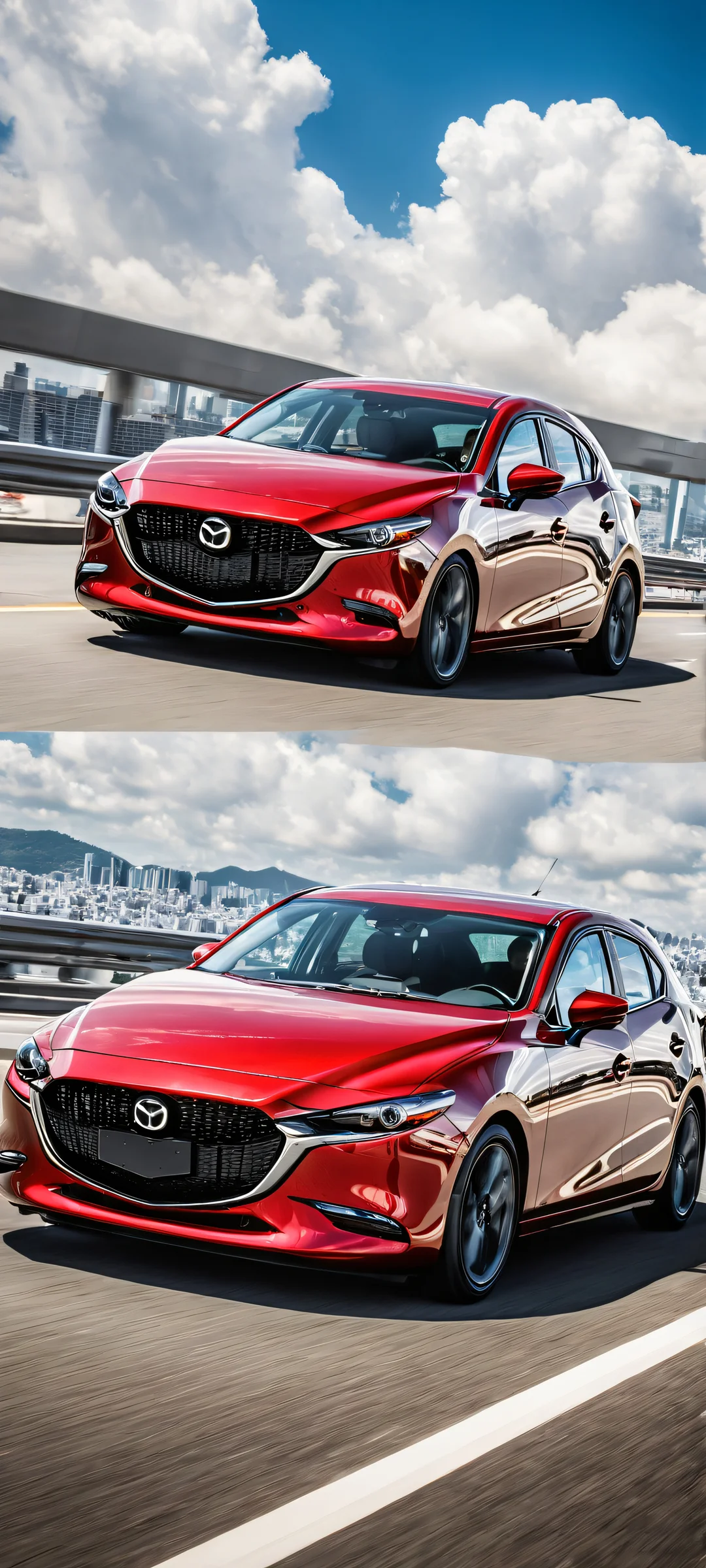 A stunning portrait of a Red Mazda 3 on a beautiful Tokyo sky filled with fluffy clouds, perfectly optimized for iPhone and Android home screens.