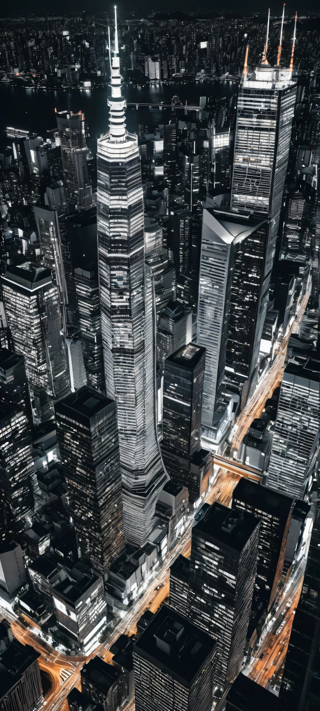 Elegant skyscrapers at night with iPhone and Android phone reflections