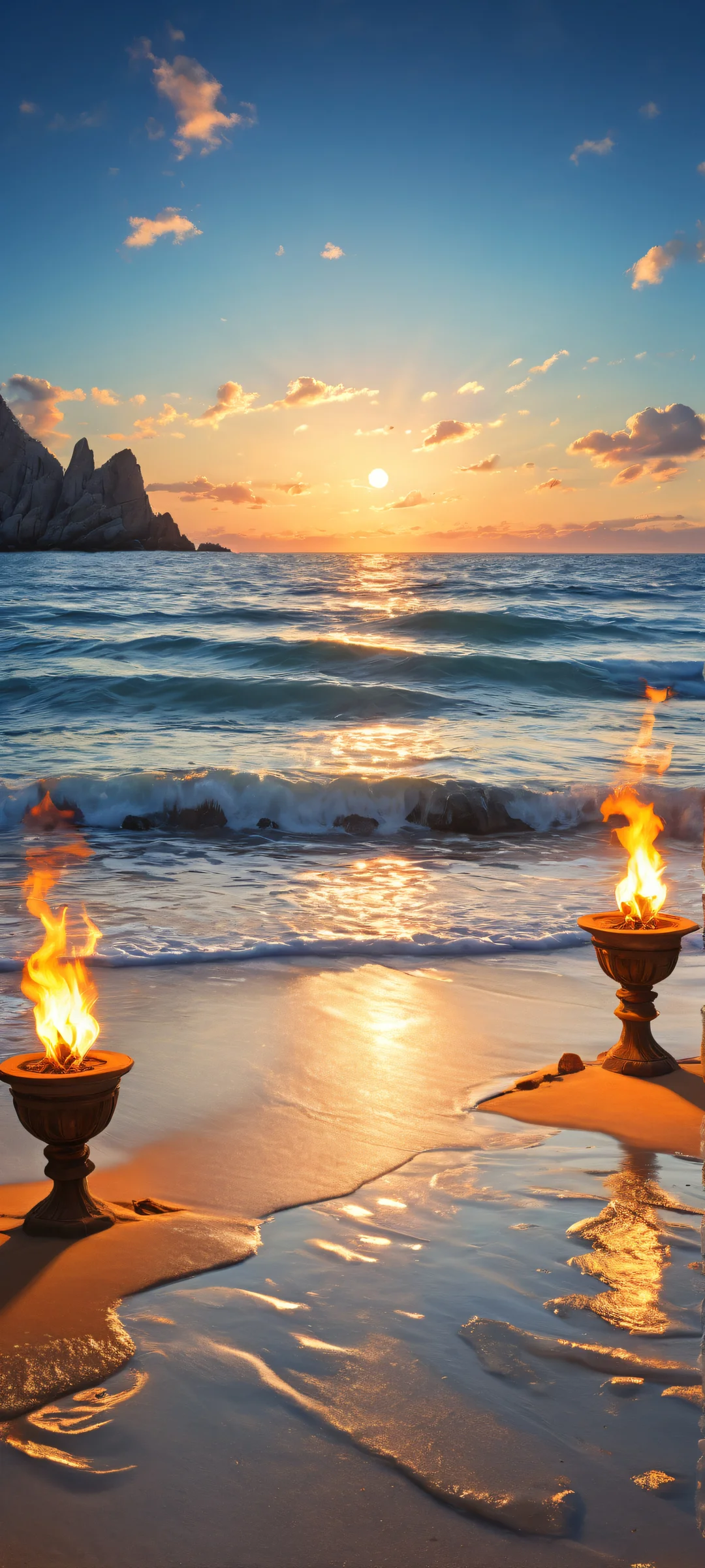 A stunning portrait of Old School Torches against a serene night sky with puffy clouds and radiant moonlit rays, perfectly optimized for iPhone/Android home screens.