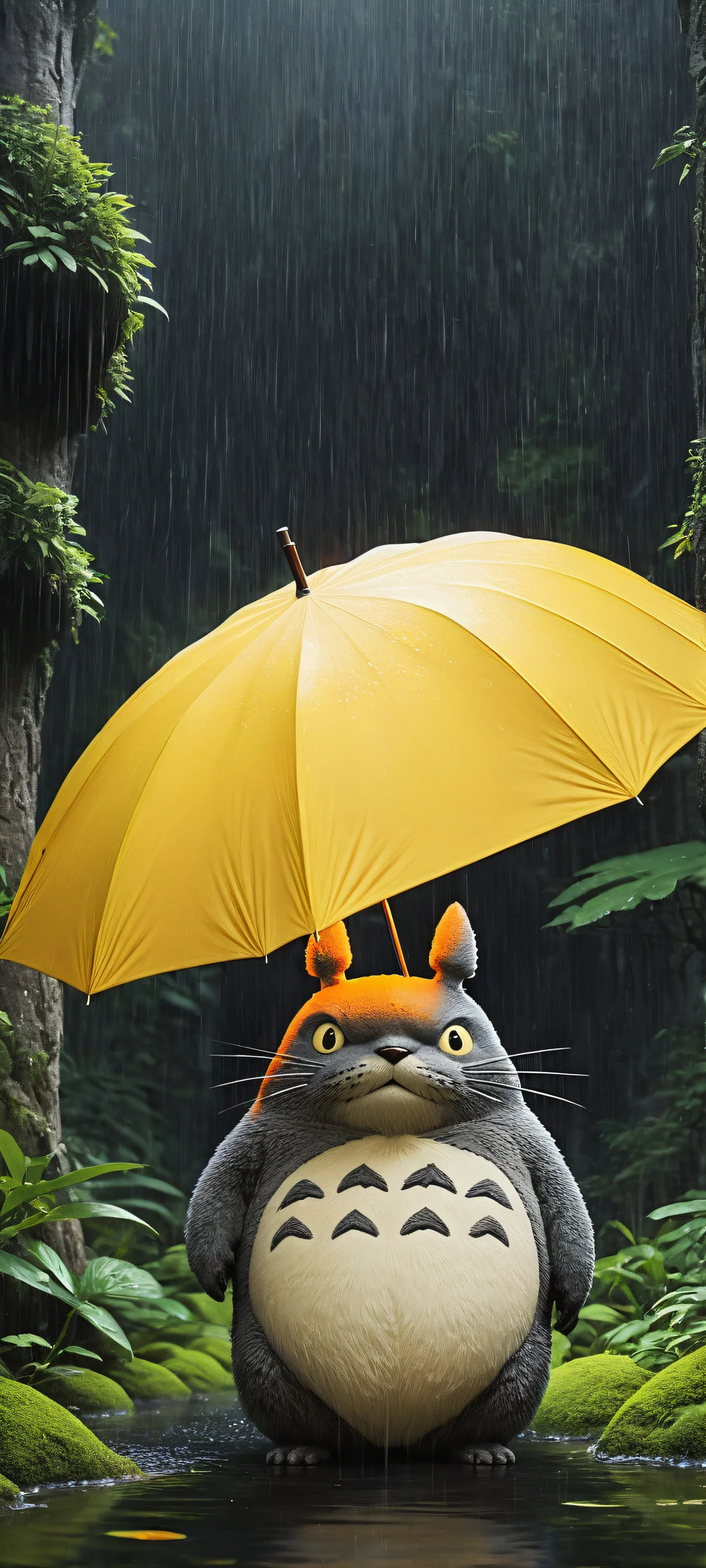 A whimsical iPhone/Android wallpaper featuring Totoro amidst a stormy rain scene, perfect for showcasing on your mobile home screen.