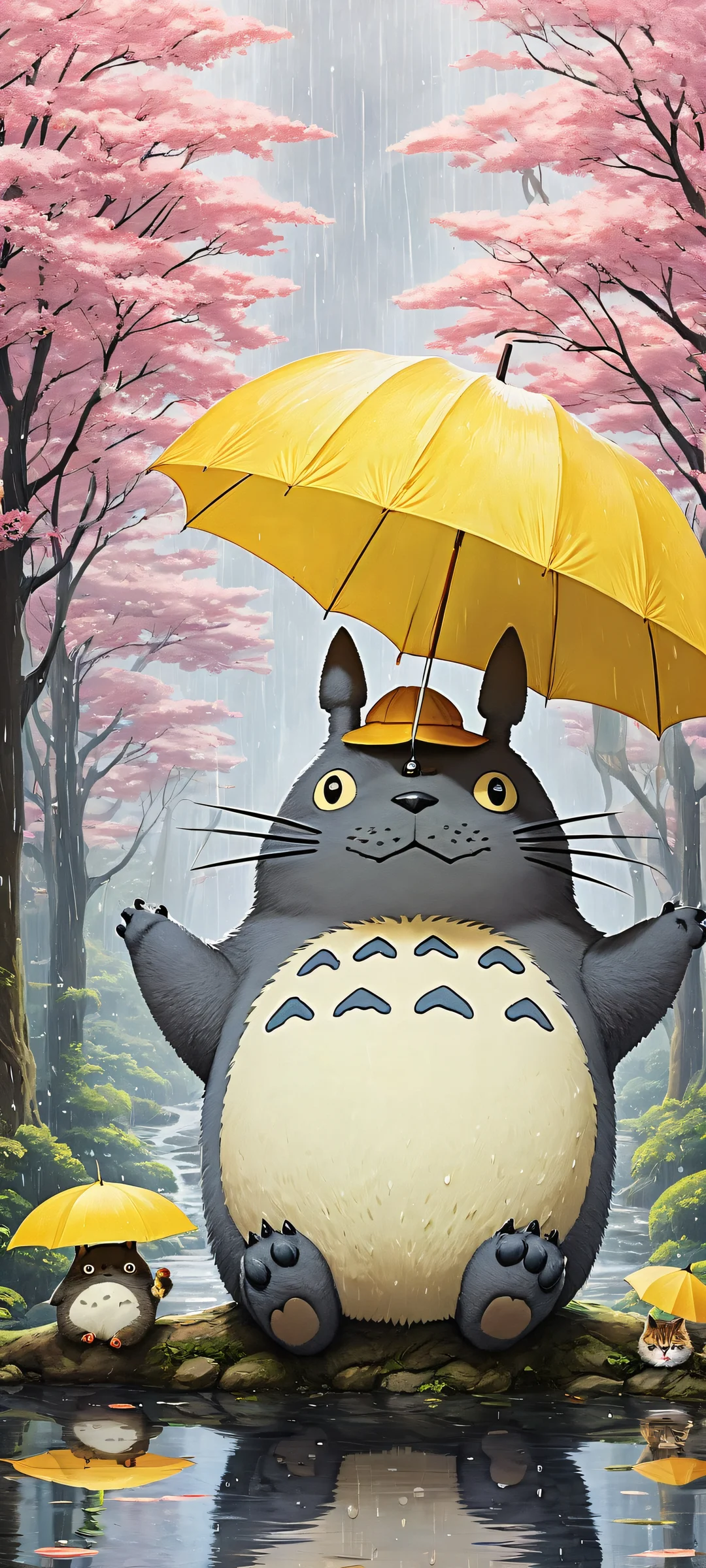 A magical iPhone/Android wallpaper featuring Totoro and friends in a stunning scene of rain-soaked whimsy, with intricate details and ethereal lighting.