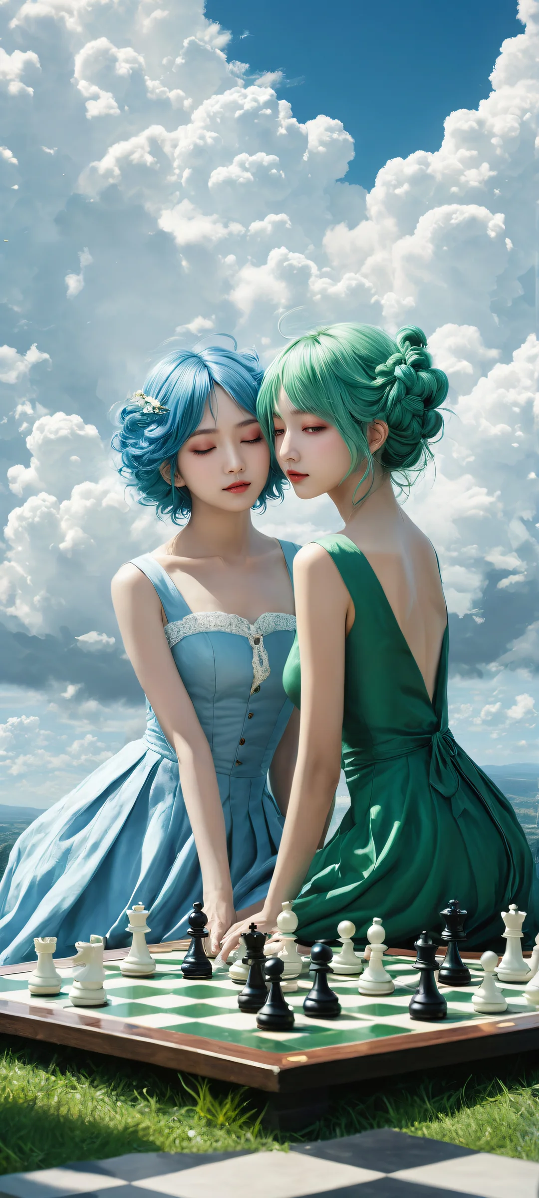 Cirno and Daiyousei on a serene green-hued landscape amidst clouds, perfectly optimized for iPhone/Android home screens.