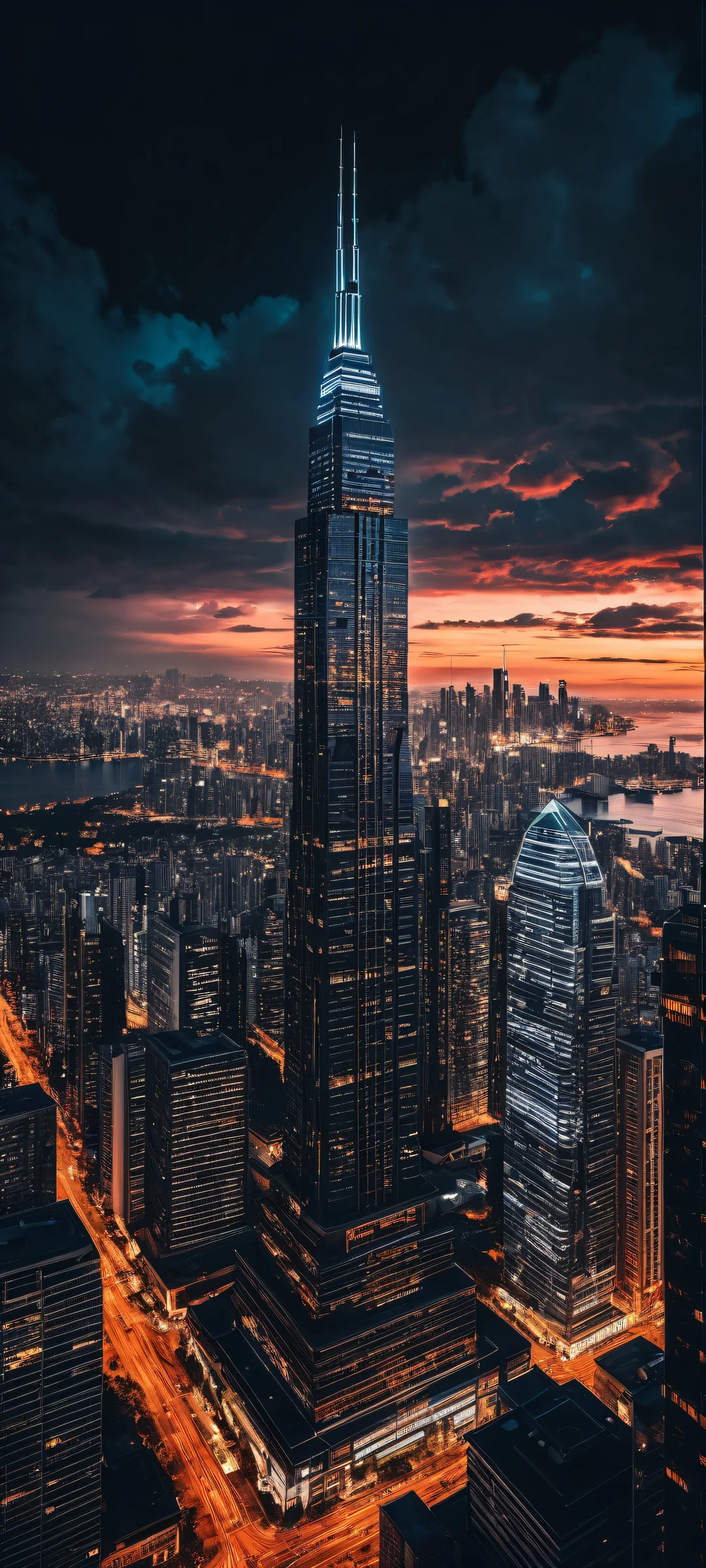 Breathtaking digital art of a towering skyscraper against a serene 8k landscape with CGI clouds and majestic buildings. Perfekt für iPhone-/Android-Startbildschirme.