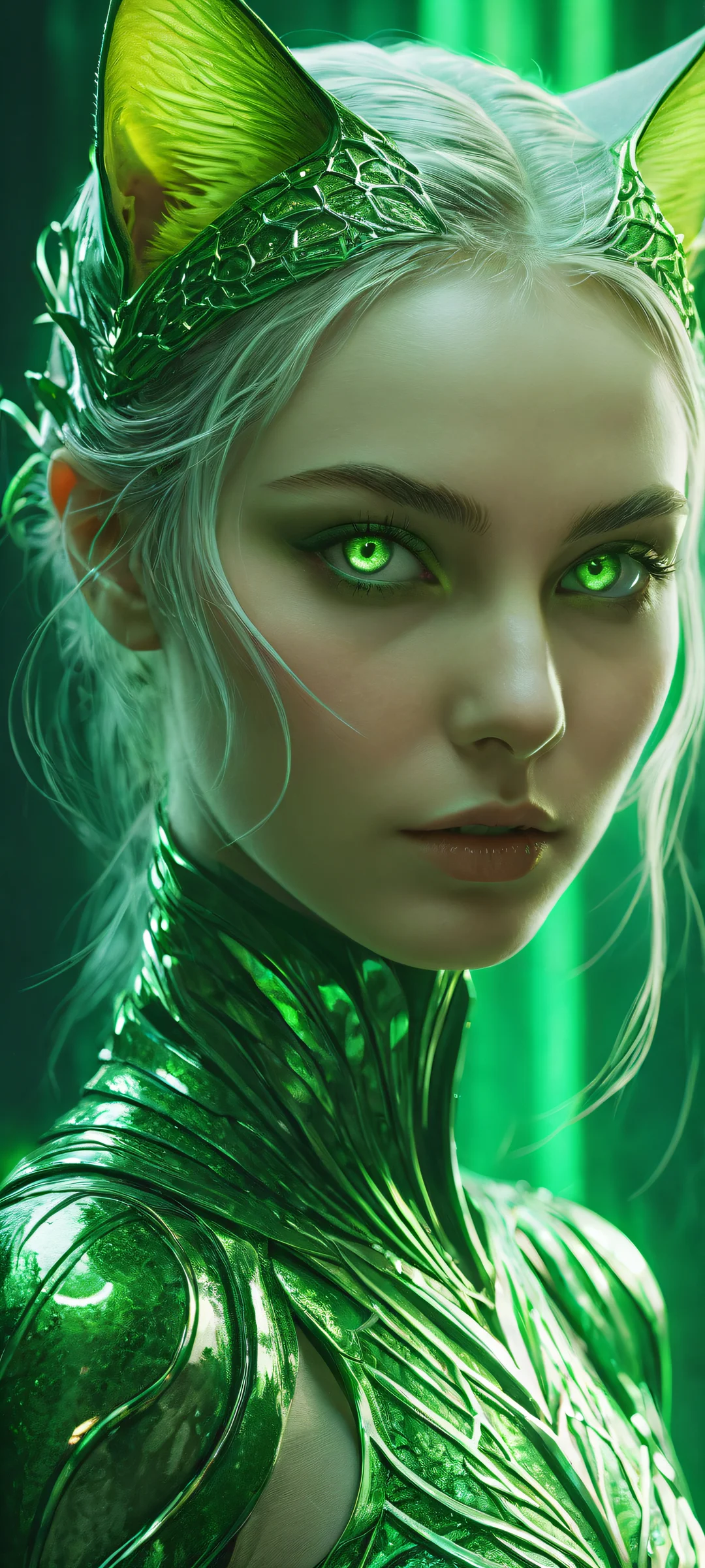 iPhone/Android wallpaper featuring a stunning toxic cat girl artwork with intricate details and ethereal lighting.