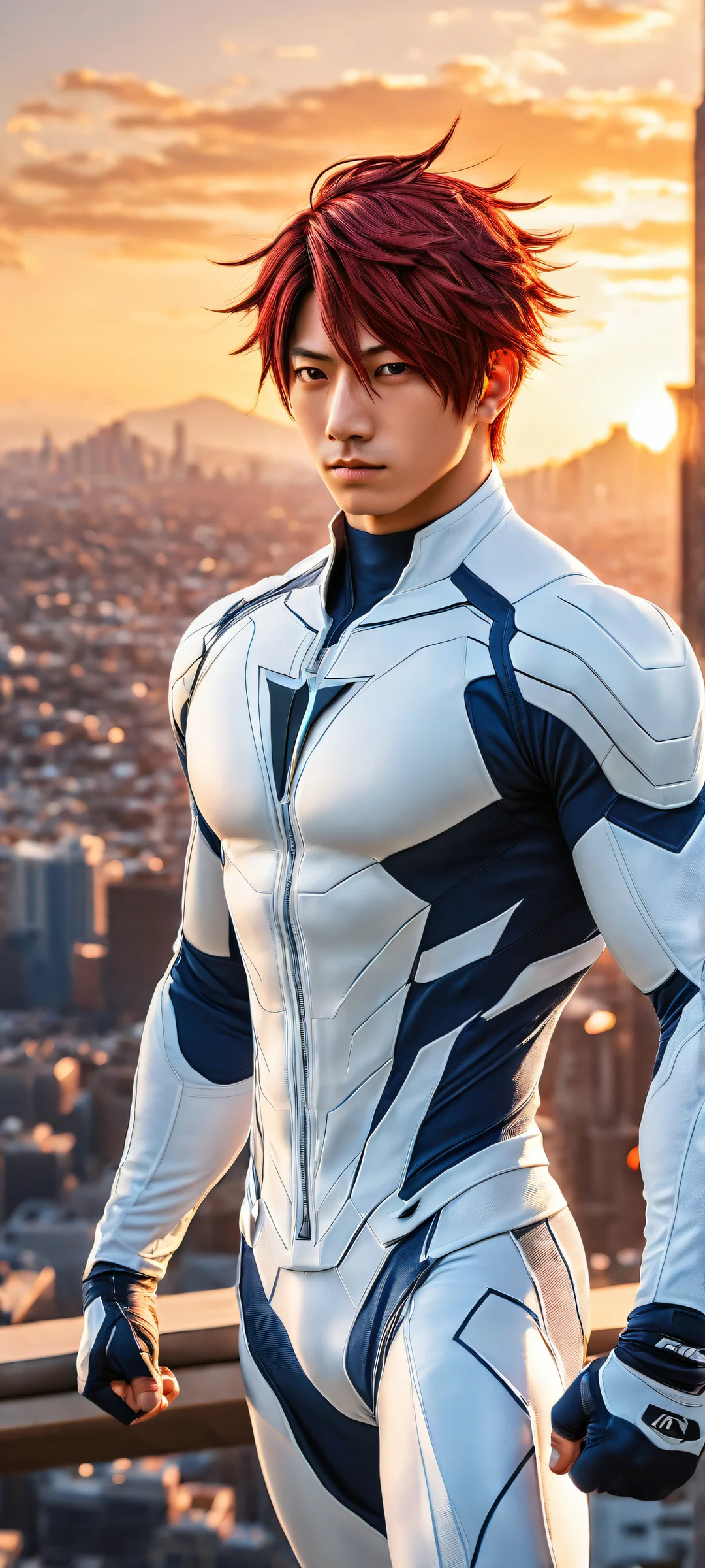 Breathtaking portrait of Toya Todoroki on iPhone/Android with stunning cityscape at sunset, perfekt optimiert für Home-Bildschirme