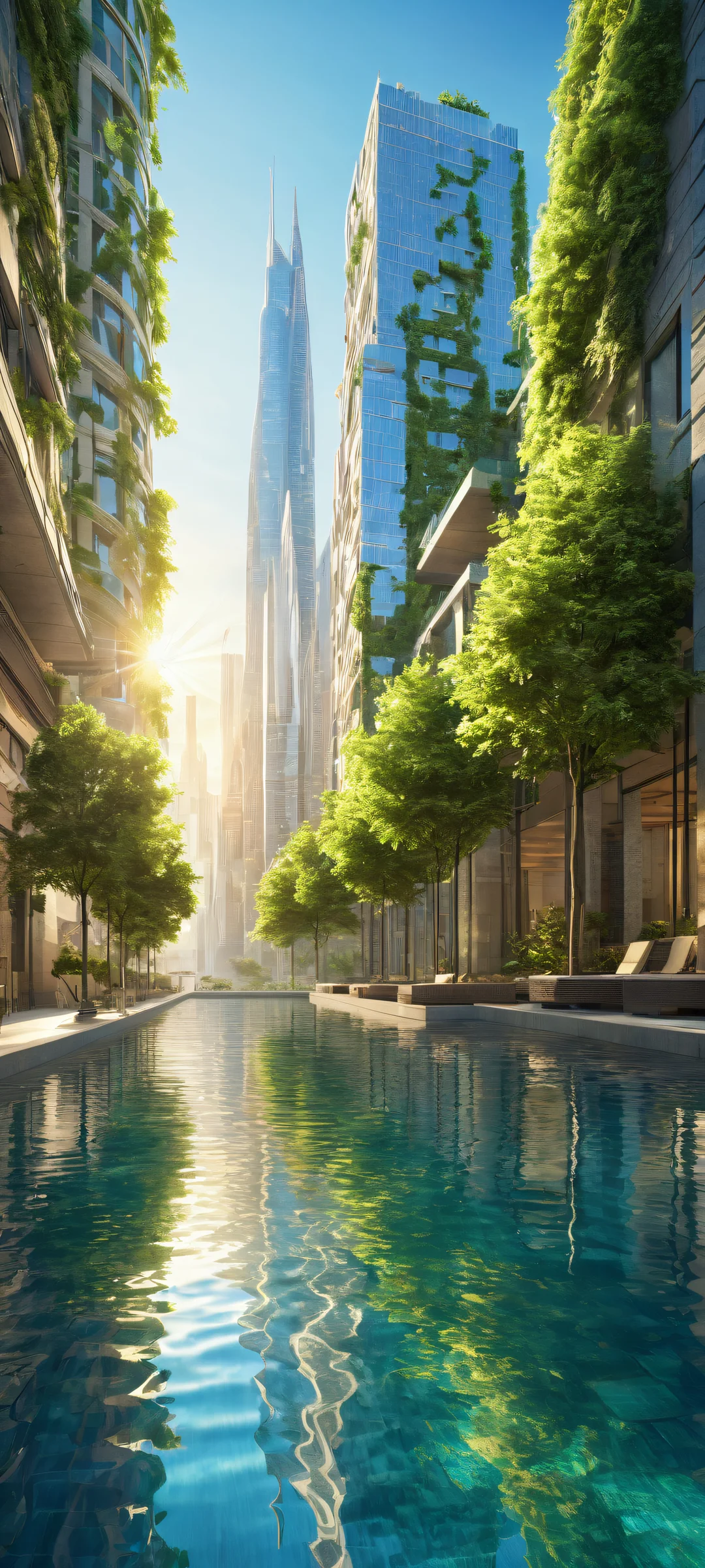 iPhone and Android user, discover a serene cityscape with intricate architecture and lush greenery. Perfectly optimized for your home screen.