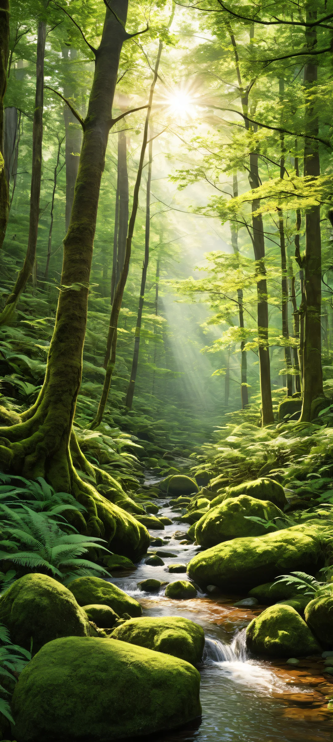 iPhone/Android: Experience the serenity of a tranquil forest scene with intricate details and ethereal lighting.