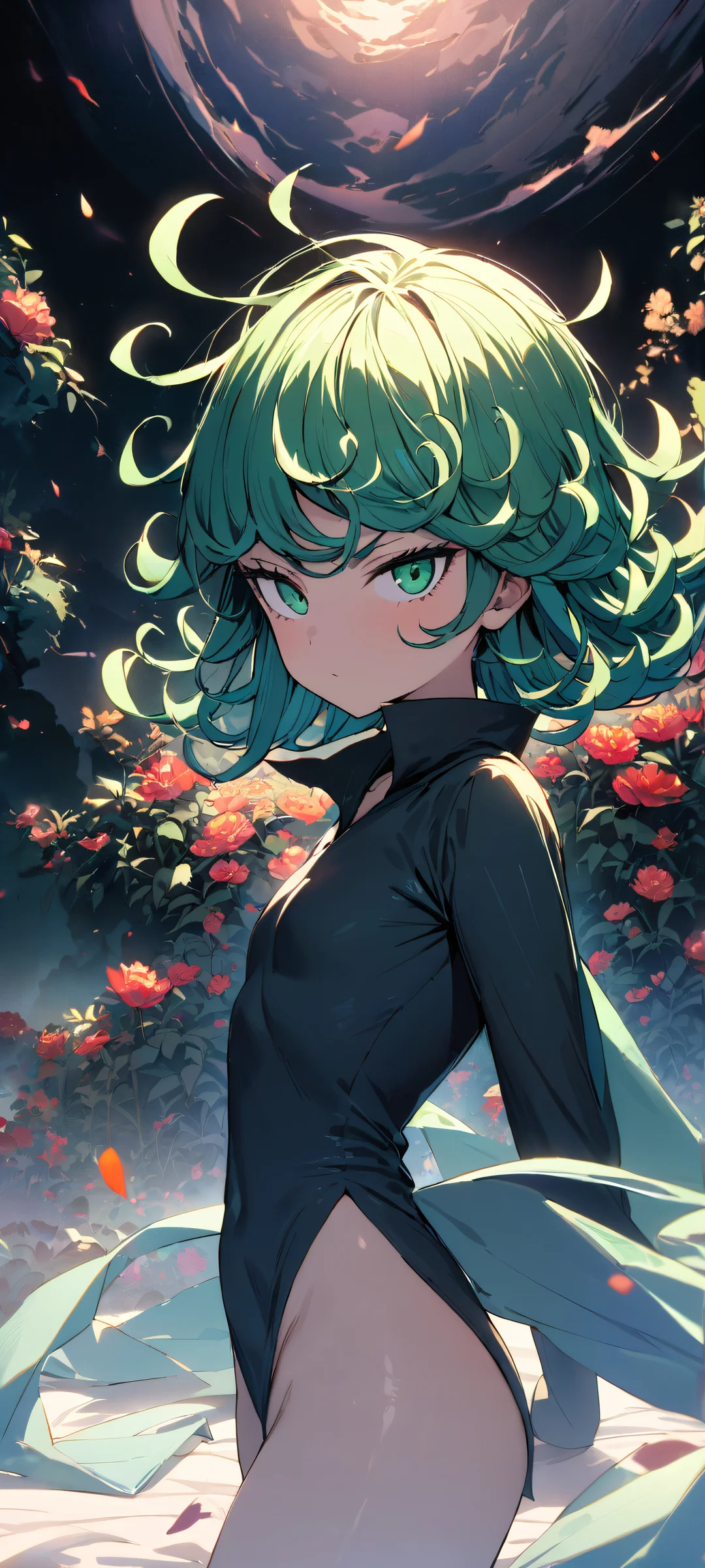 A serene portrait of Tatsumaki from One Punch Man, gazing directly at the viewer on their iPhone or Android device. The background features a breathtaking 8K resolution landscape with vibrant flowers and birds, perfeito para sua tela inicial.