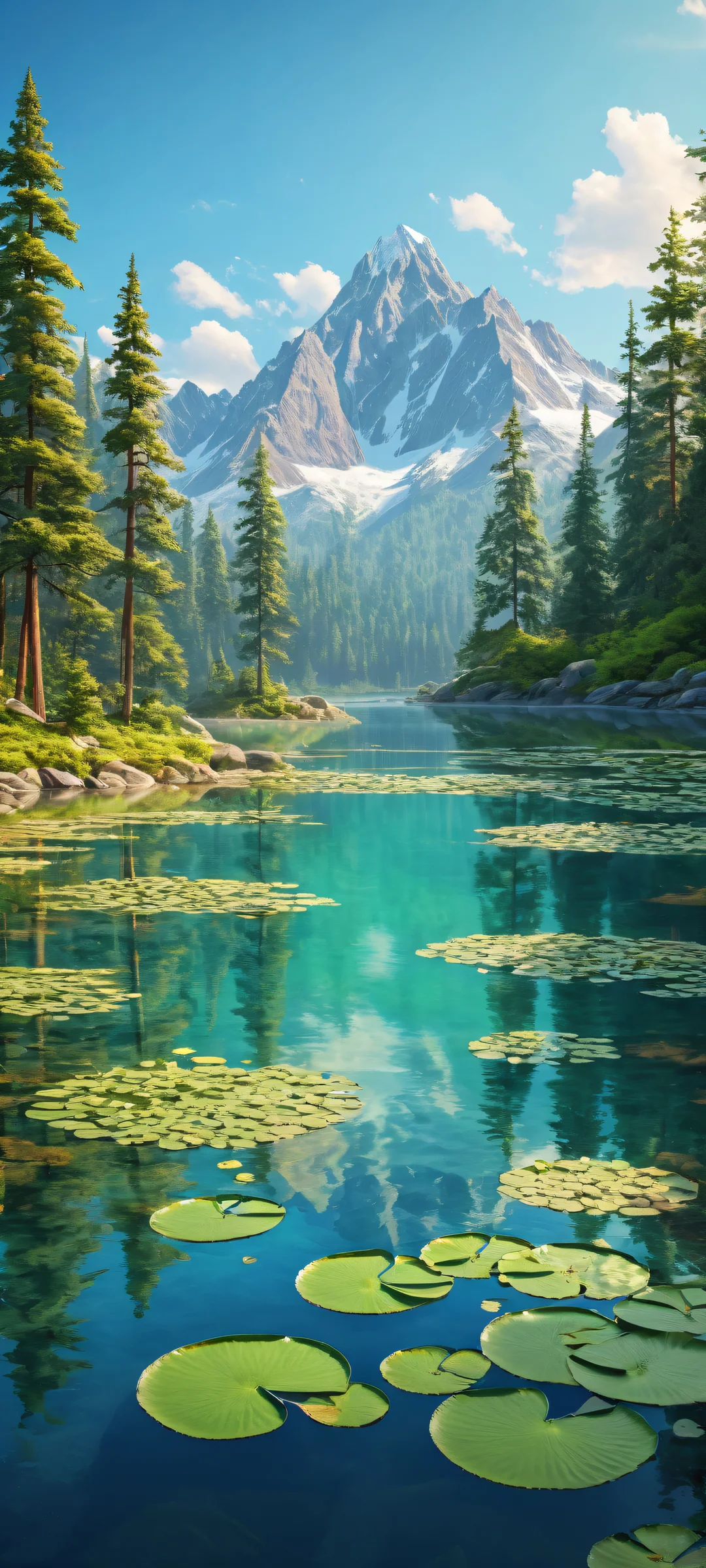 iPhone and Android users will love this serene landscape featuring a tranquil pond with intricate lily pads, set against a vast pure void, perfectly optimized for 16:9 aspect ratio home screens.