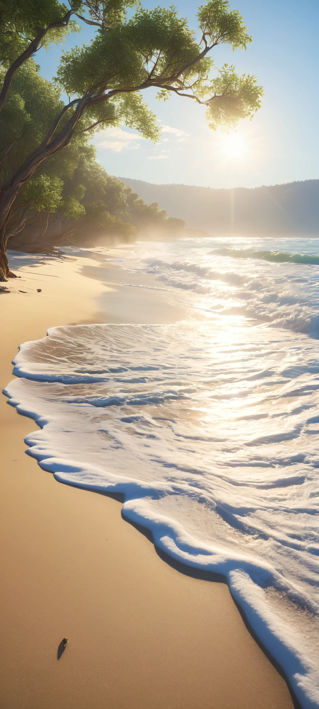 Ethereal digital artwork featuring iPhone/Android compatible waves with serene beach landscape and stunning reflections.