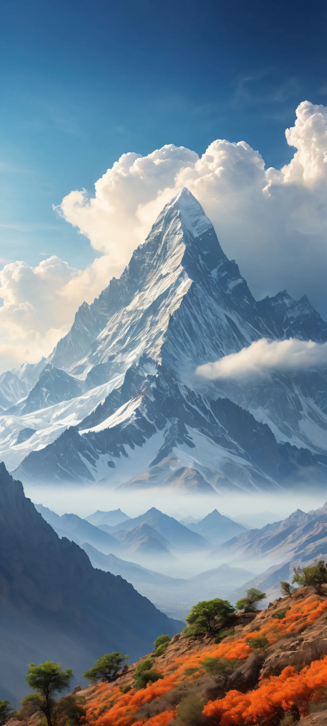 A stunning vertical portrait of translucent beings amidst wispy cloud formations and majestic Indian mountains, optimized for iPhone/Android home screens.