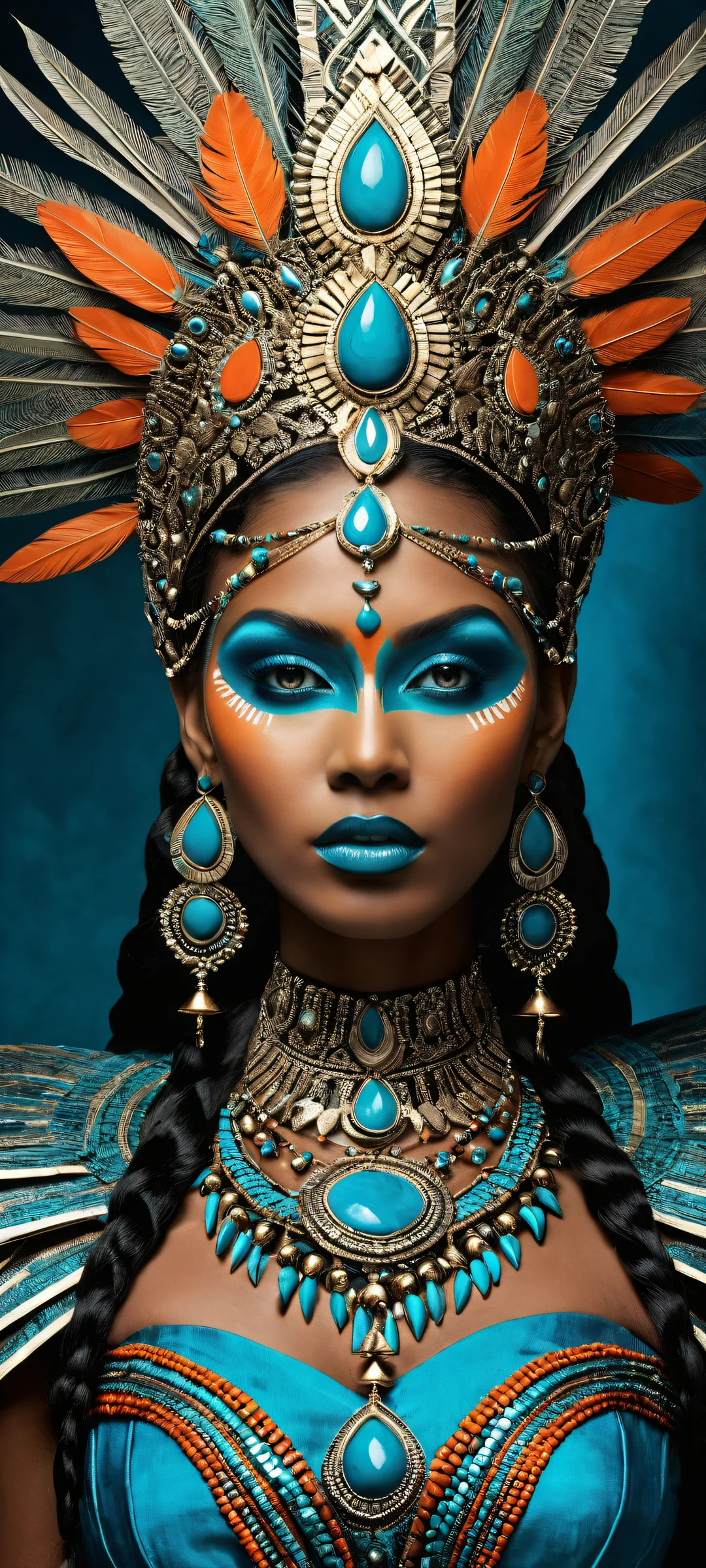 A regal tribal goddess on a dark background with intricate details and glowing blue patterns. Perfect for iPhone and Android home screens.